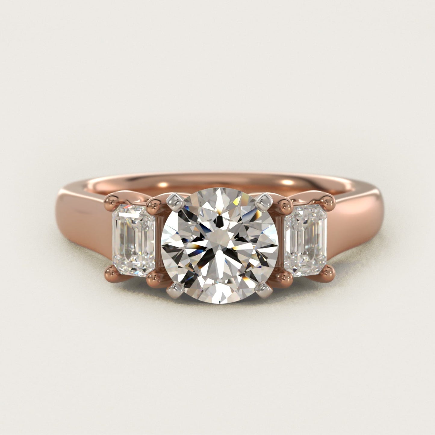 Three-Stone Emerald-Cut Diamond Engagement Ring in 18k Rose Gold (1/3 ct tw.) By Zac Zac Posen - Round Center