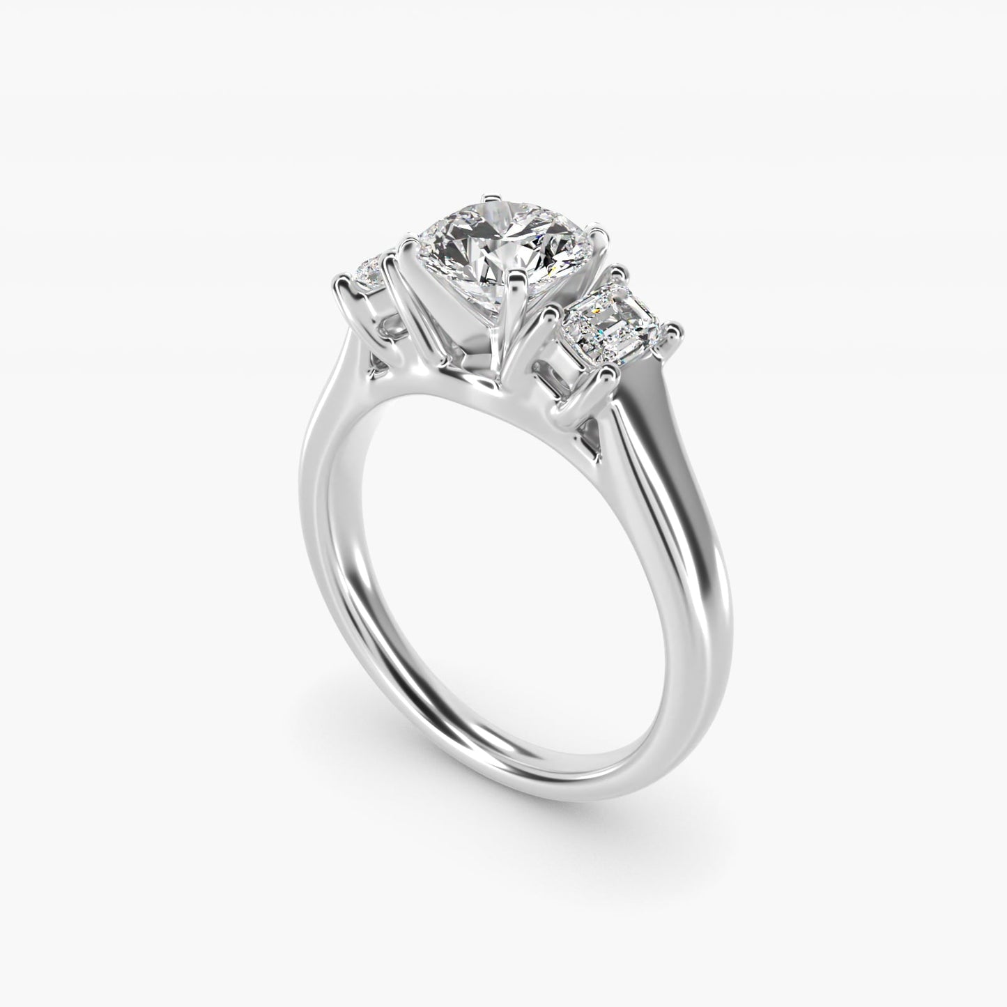 Three-Stone Emerald-Cut Diamond Engagement Ring in 18k White Gold (1/3 ct tw.) By Zac Zac Posen - Round Center