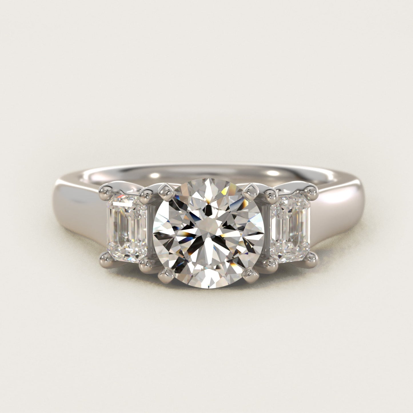 Three-Stone Emerald-Cut Diamond Engagement Ring in 14k White Gold (1/3 ct tw.) By Zac Zac Posen - Round Center