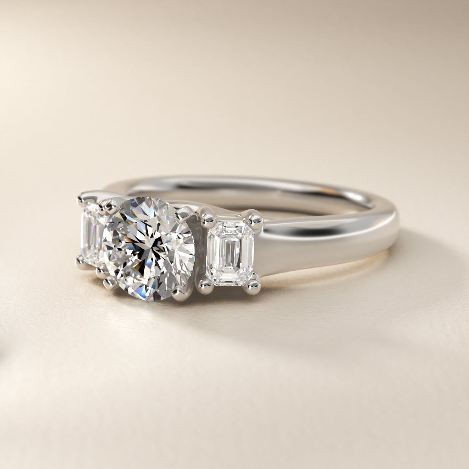 Three-Stone Emerald-Cut Diamond Engagement Ring in 18k White Gold (1/3 ct tw.) By Zac Zac Posen - Round Center