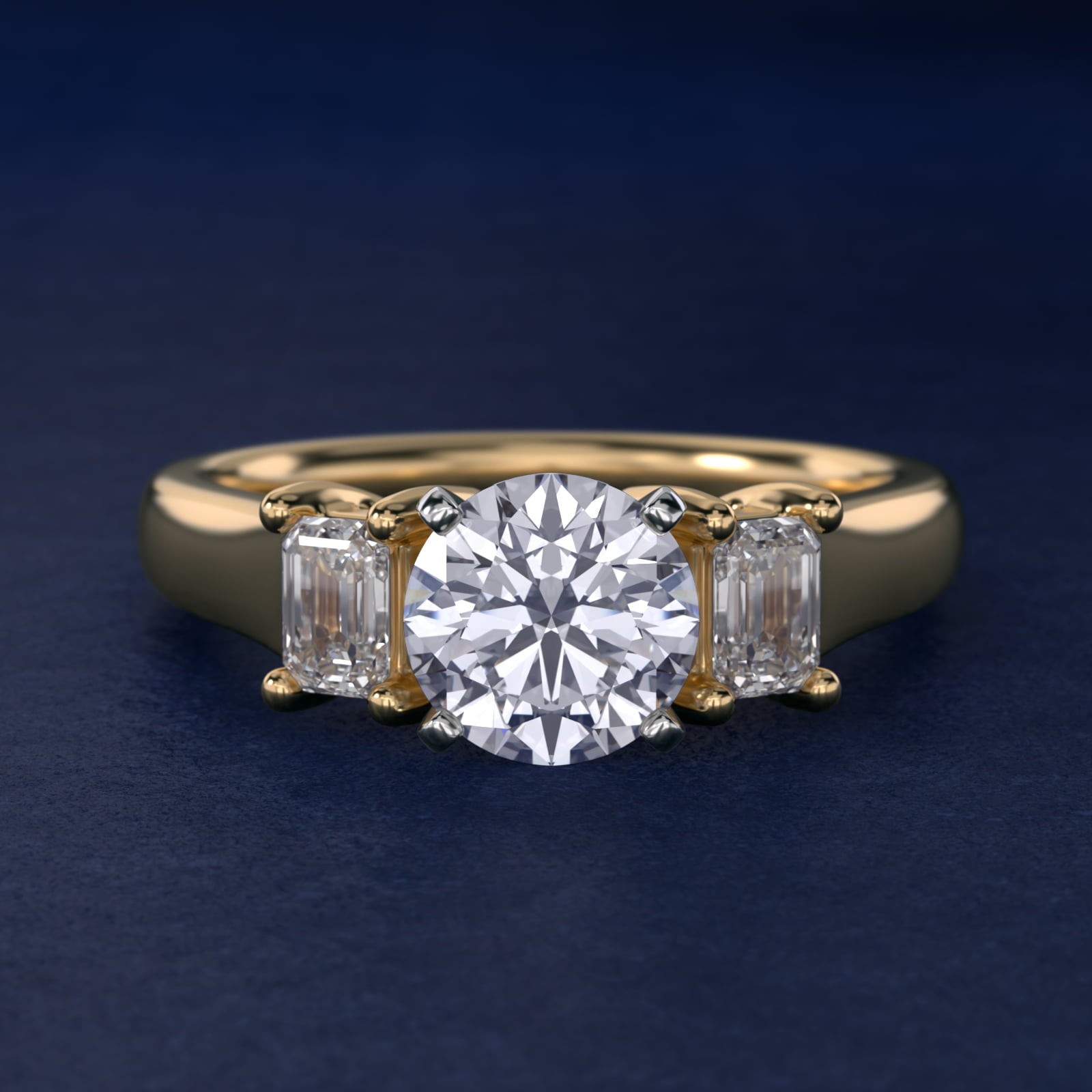 Three-Stone Emerald-Cut Diamond Engagement Ring in 14K Yellow Gold (1/3 ct tw.) By Zac Zac Posen - Round Center