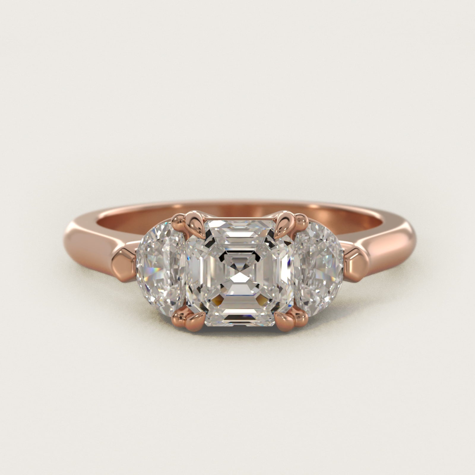 Three-Stone Half-Moon Sidestone Diamond Engagement Ring in 18k Rose Gold (1/2 ct. tw.) - Asscher Center