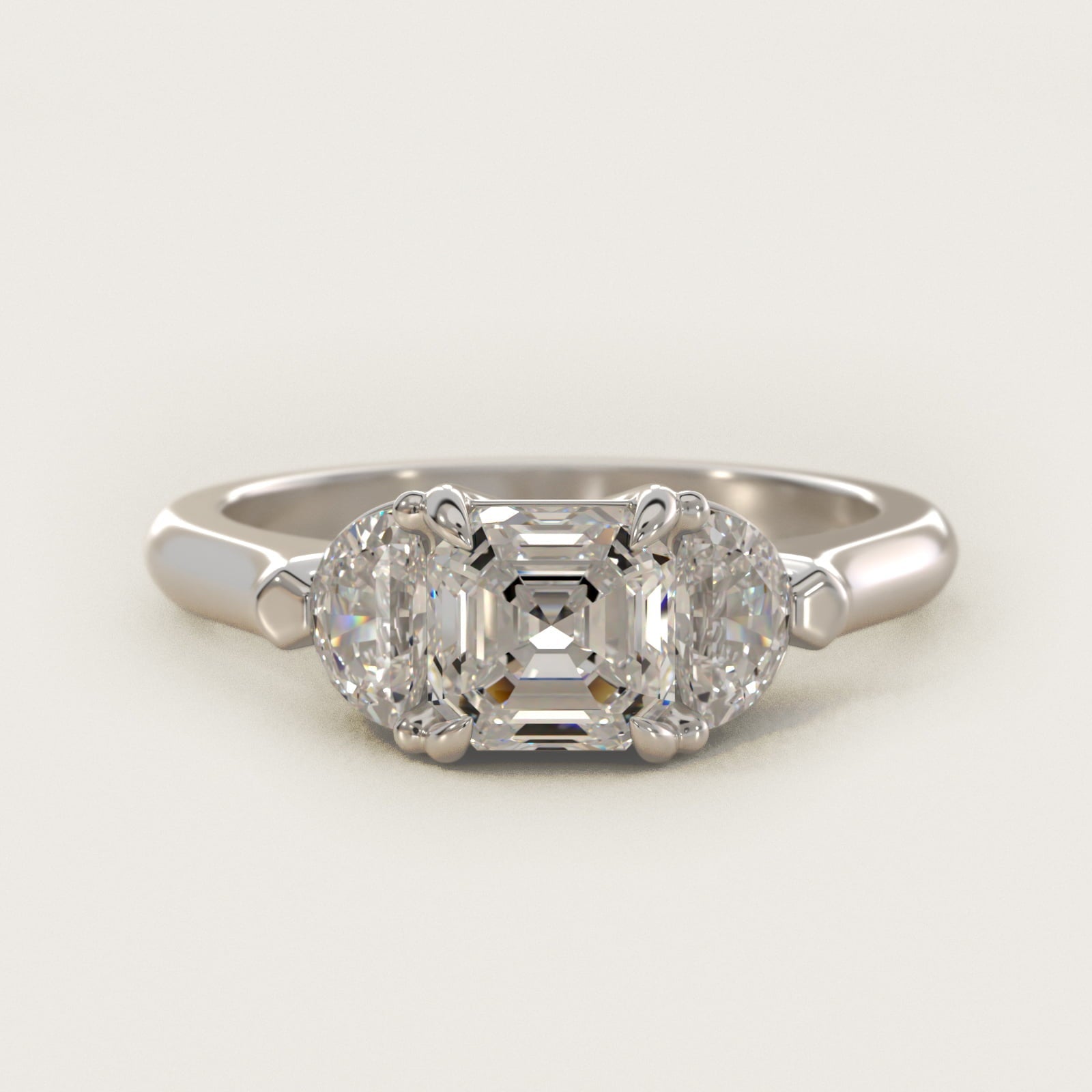 Three-Stone Half-Moon Sidestone Diamond Engagement Ring in 18k White Gold (1/2 ct. tw.) - Asscher Center