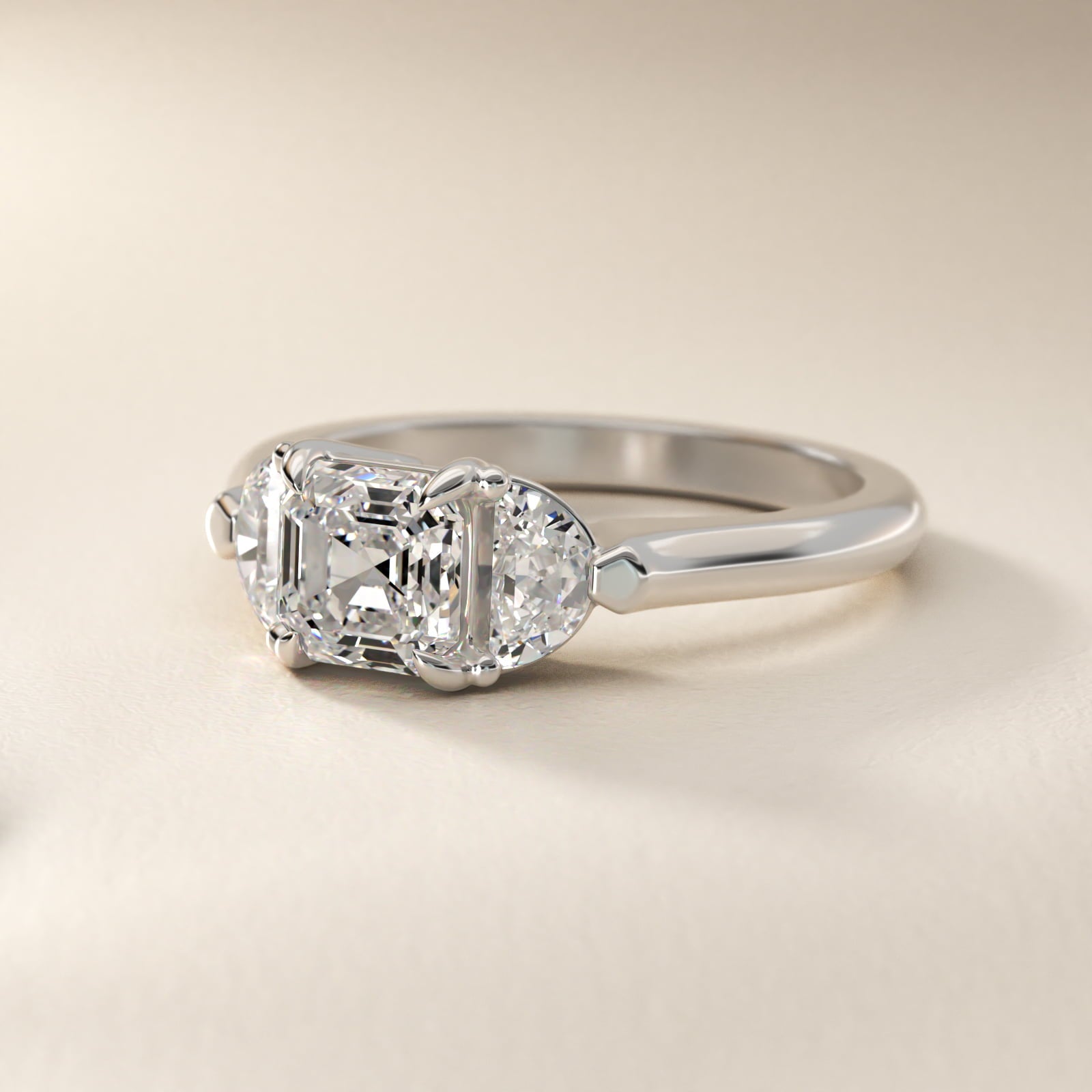 Three-Stone Half-Moon Sidestone Diamond Engagement Ring in 14k White Gold (1/2 ct. tw.) - Asscher Center