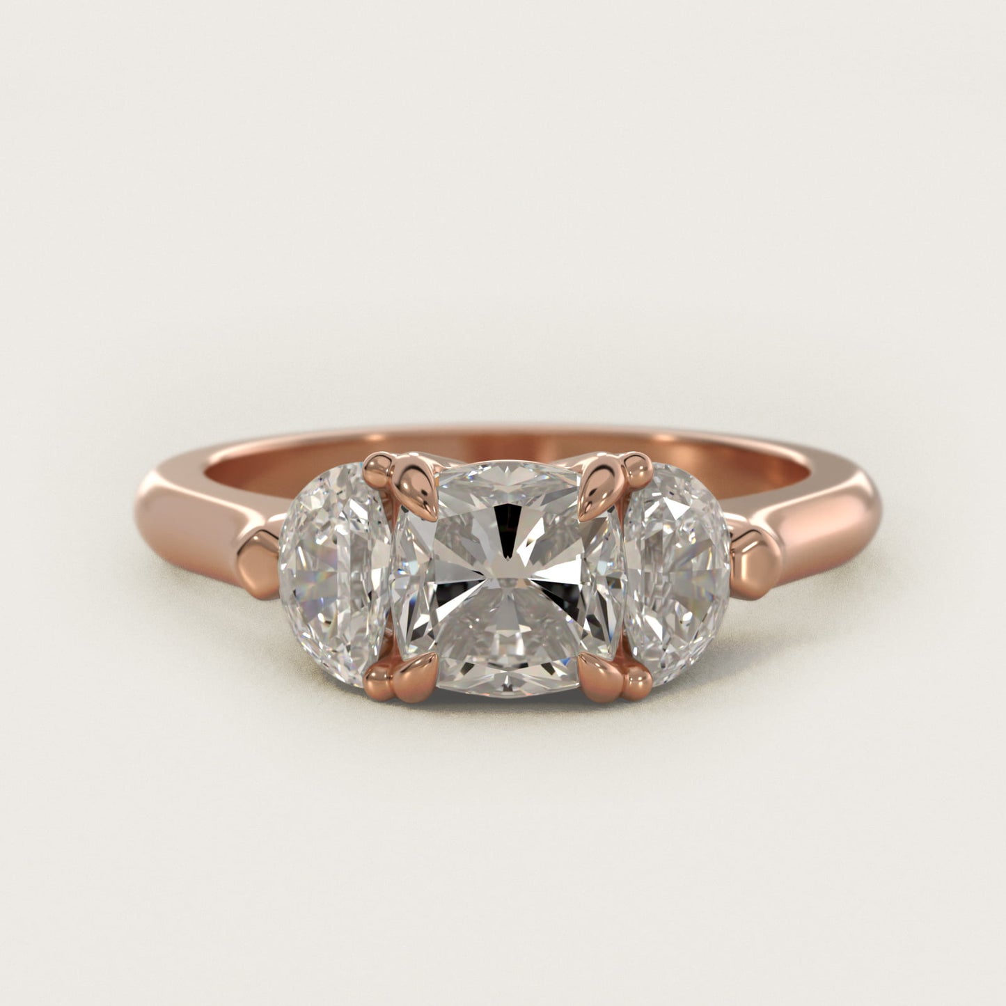 Three-Stone Half-Moon Sidestone Diamond Engagement Ring in 14k Rose Gold (1/2 ct. tw.) - Cushion Center
