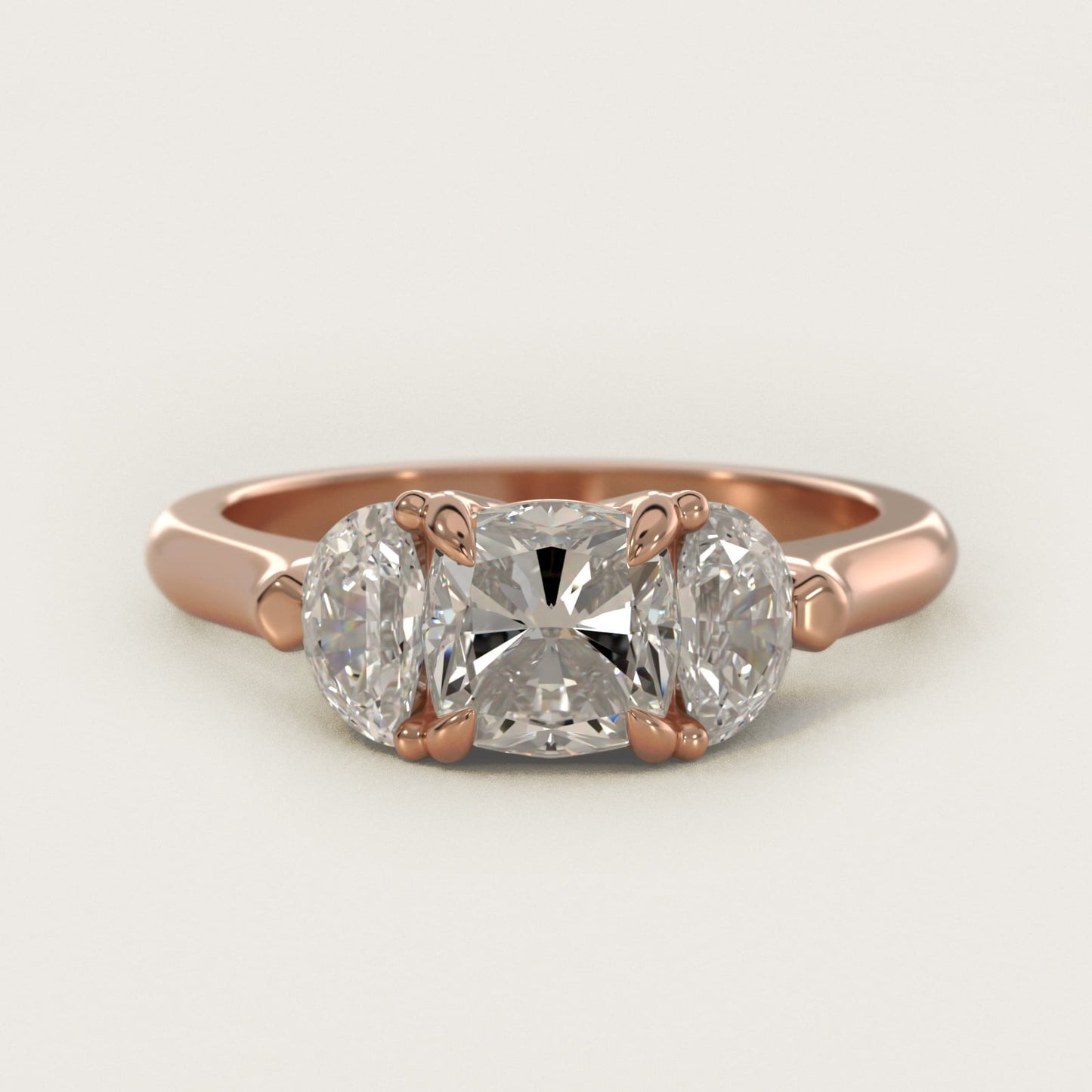 Three-Stone Half-Moon Sidestone Diamond Engagement Ring in 18k Rose Gold (1/2 ct. tw.) - Cushion Center