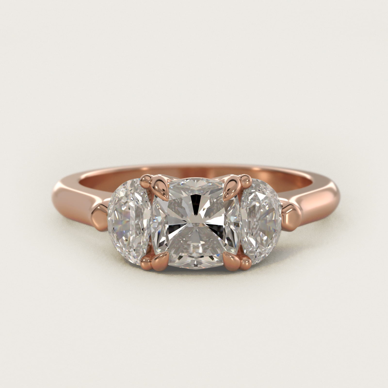 Three-Stone Half-Moon Sidestone Diamond Engagement Ring in 18k Rose Gold (1/2 ct. tw.) - Cushion Center
