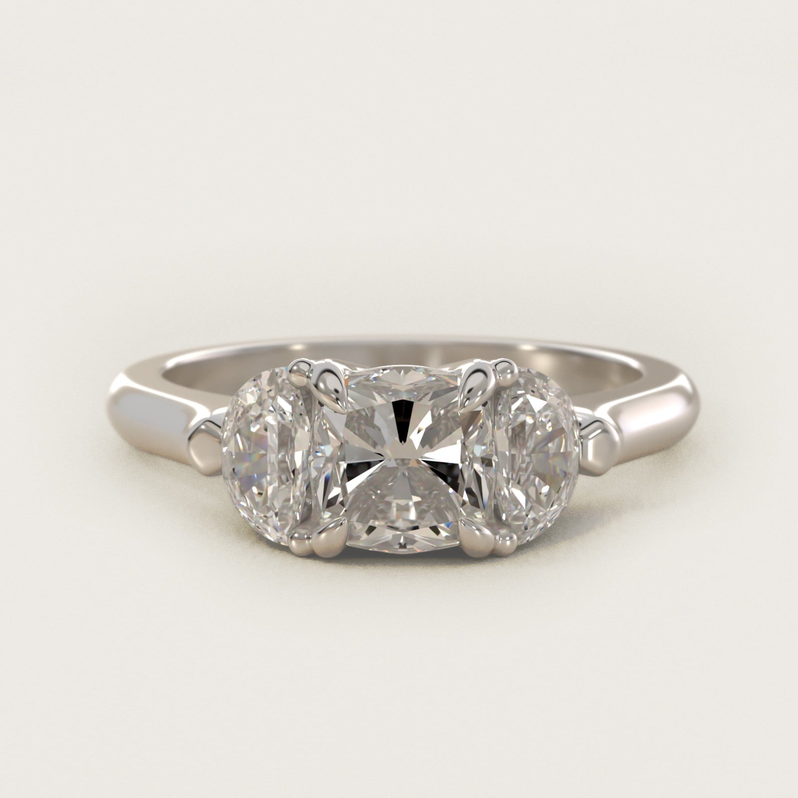 Three-Stone Half-Moon Sidestone Diamond Engagement Ring in 14k White Gold (1/2 ct. tw.) - Cushion Center