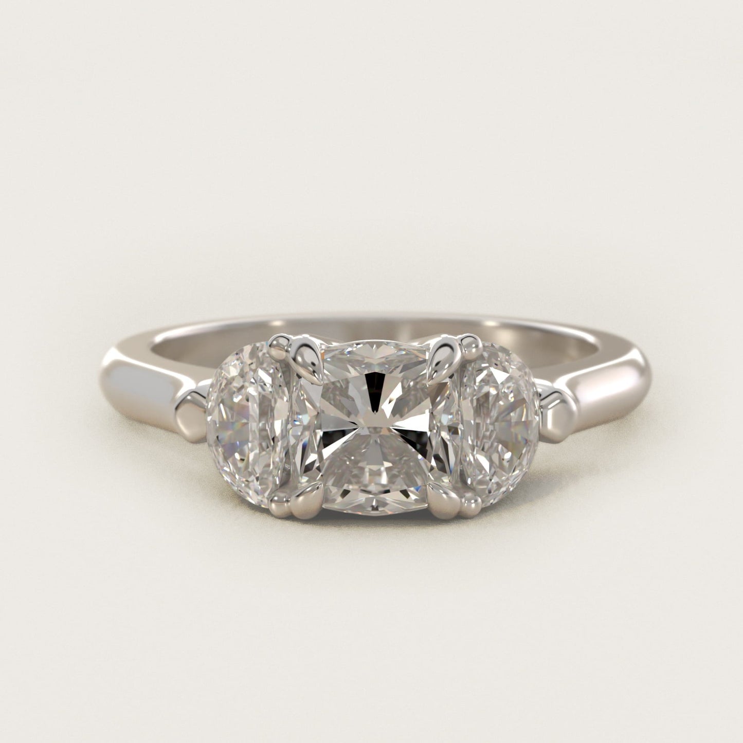 Three-Stone Half-Moon Sidestone Diamond Engagement Ring in 18k White Gold (1/2 ct. tw.) - Cushion Center