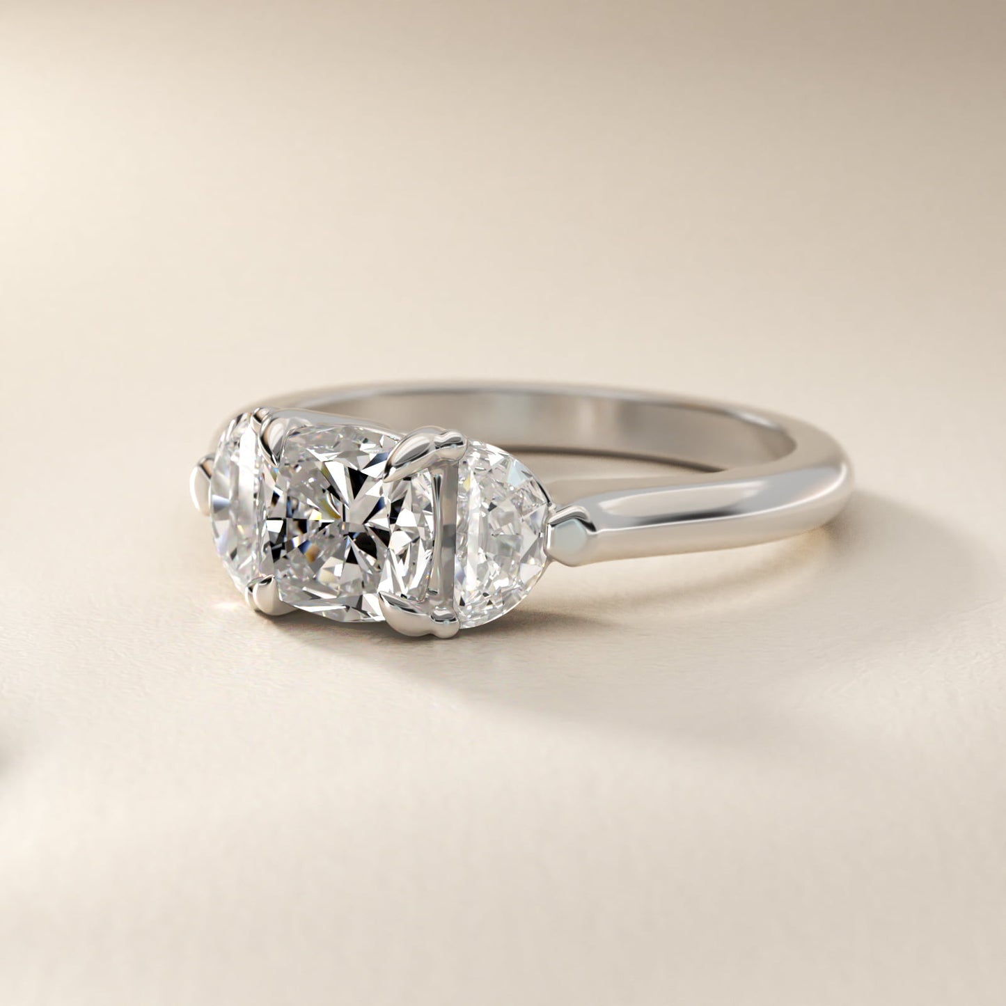 Three-Stone Half-Moon Sidestone Diamond Engagement Ring in 14k White Gold (1/2 ct. tw.) - Cushion Center
