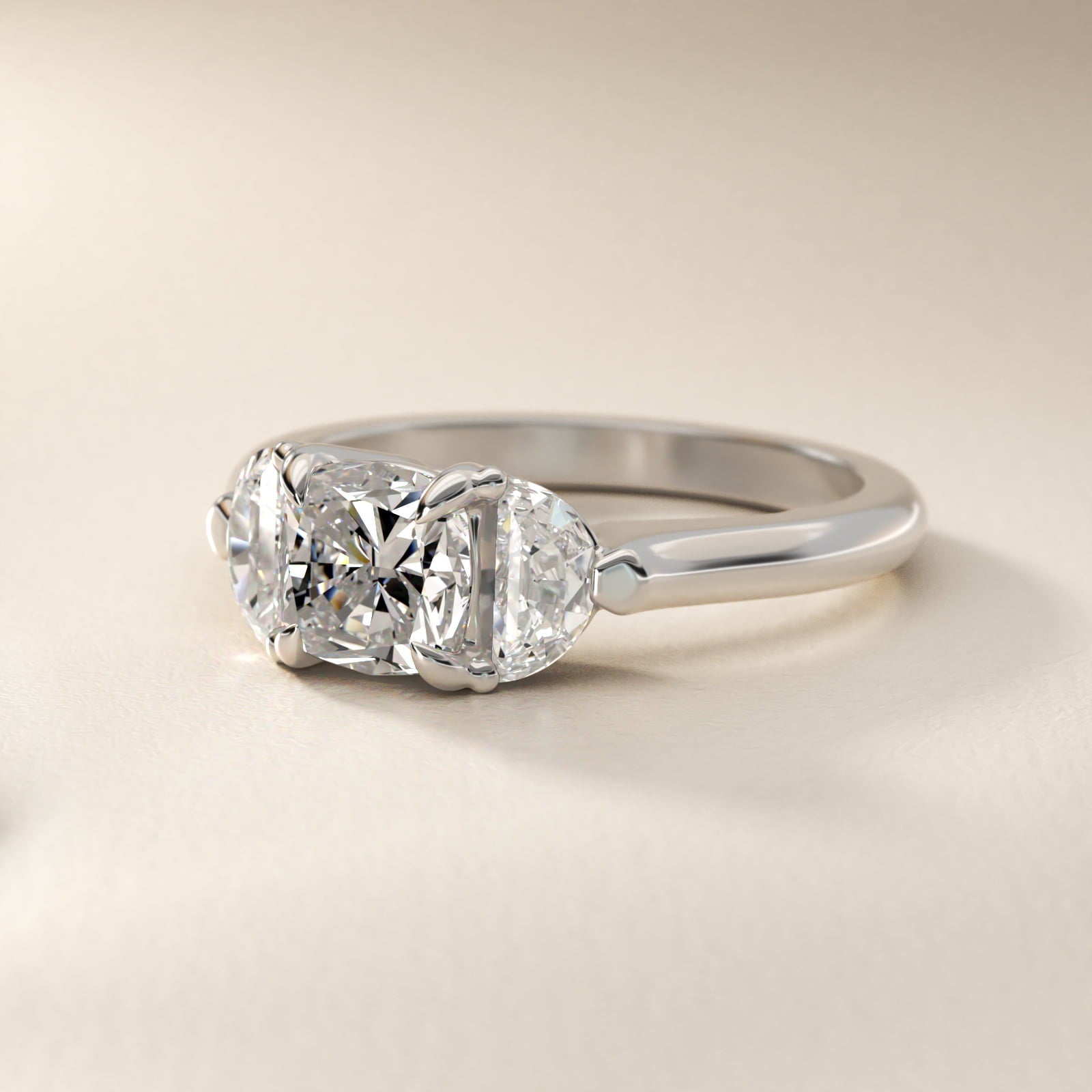 Three-Stone Half-Moon Sidestone Diamond Engagement Ring in 18k White Gold (1/2 ct. tw.) - Cushion Center