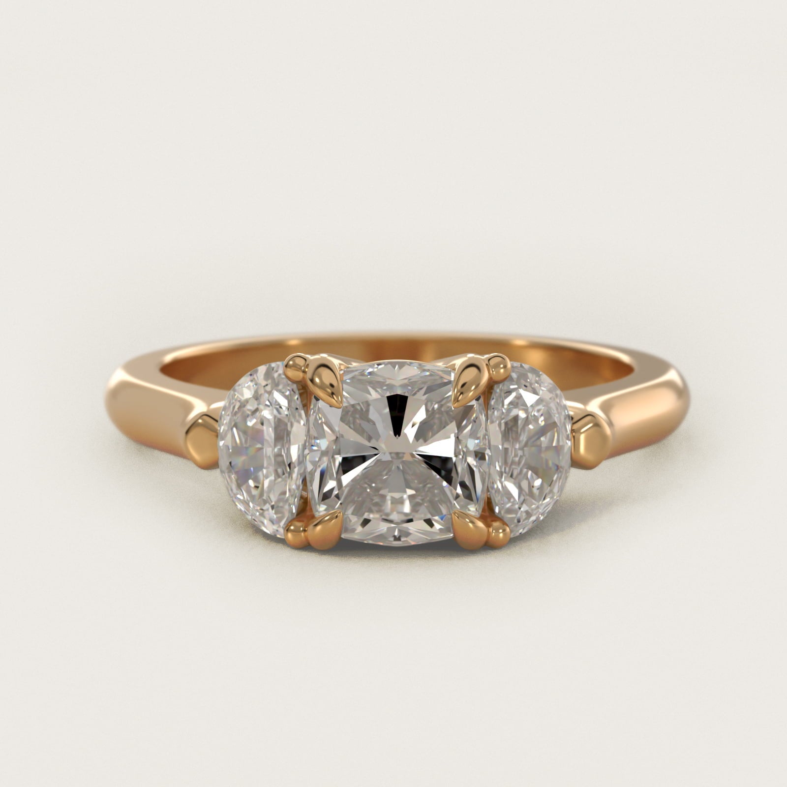 Three-Stone Half-Moon Sidestone Diamond Engagement Ring in 18k Yellow Gold (1/2 ct. tw.) - Cushion Center