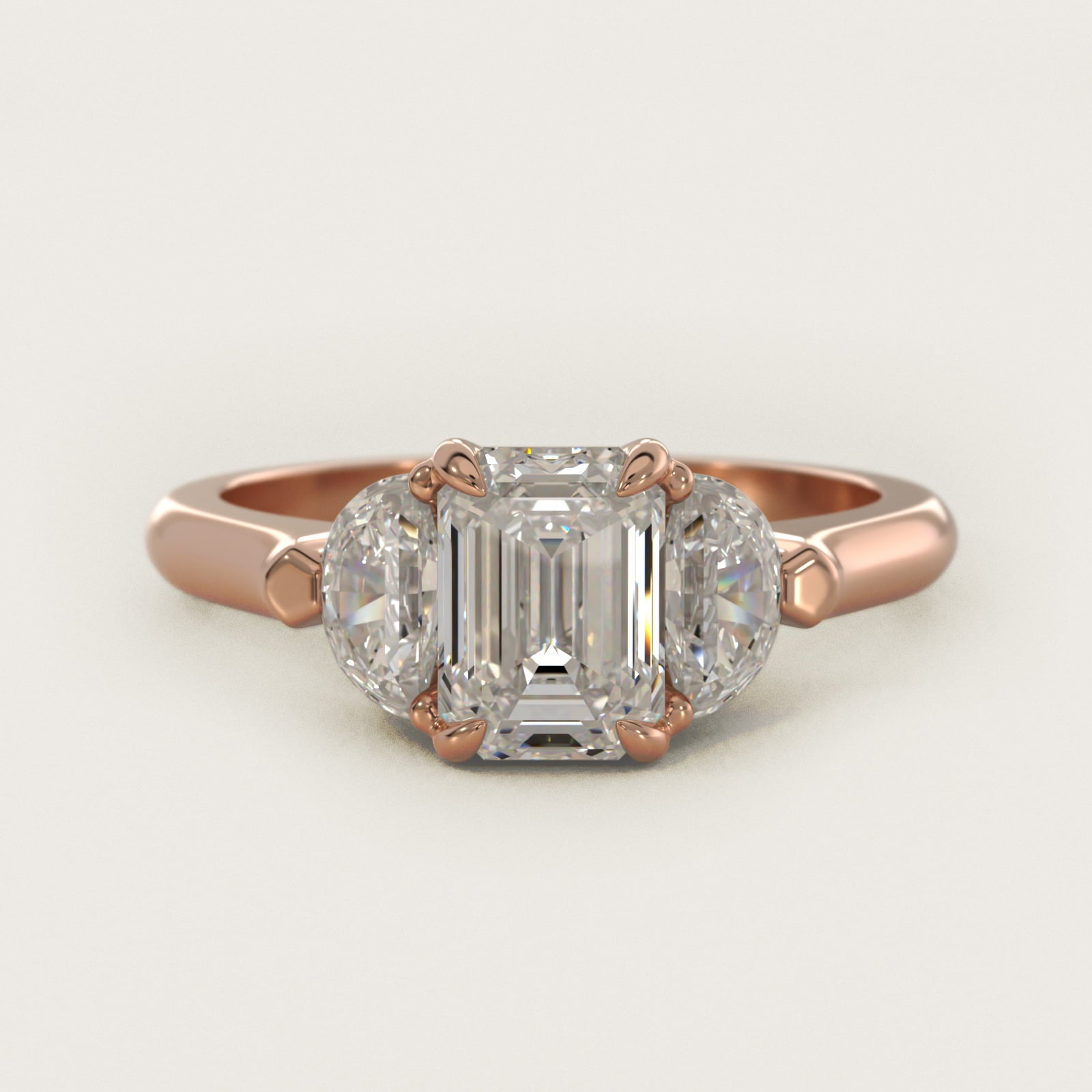 Three-Stone Half-Moon Sidestone Diamond Engagement Ring in 14k Rose Gold (1/2 ct. tw.) - Emerald Center