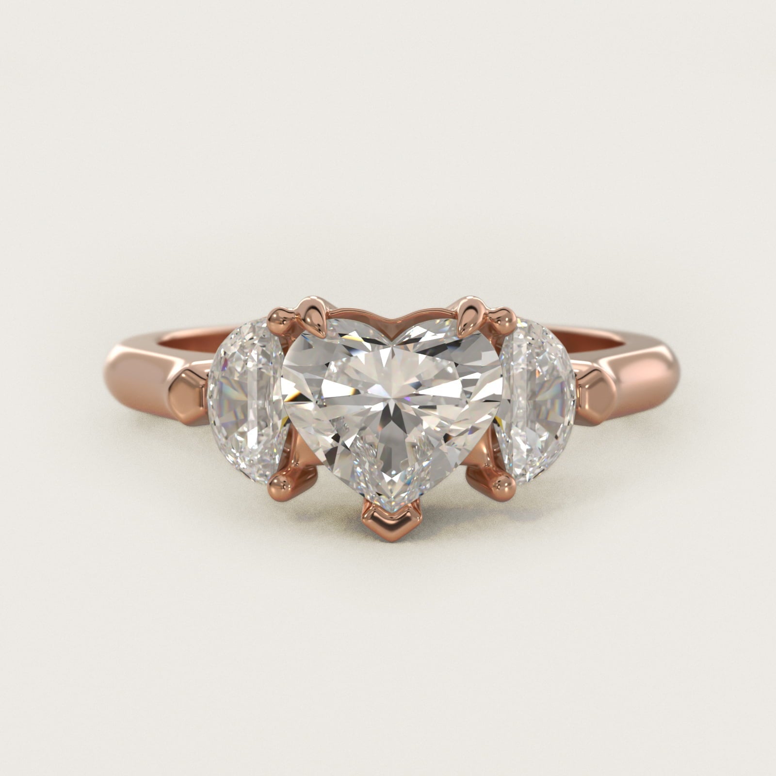 Three-Stone Half-Moon Sidestone Diamond Engagement Ring in 18k Rose Gold (1/2 ct. tw.) - Heart Center