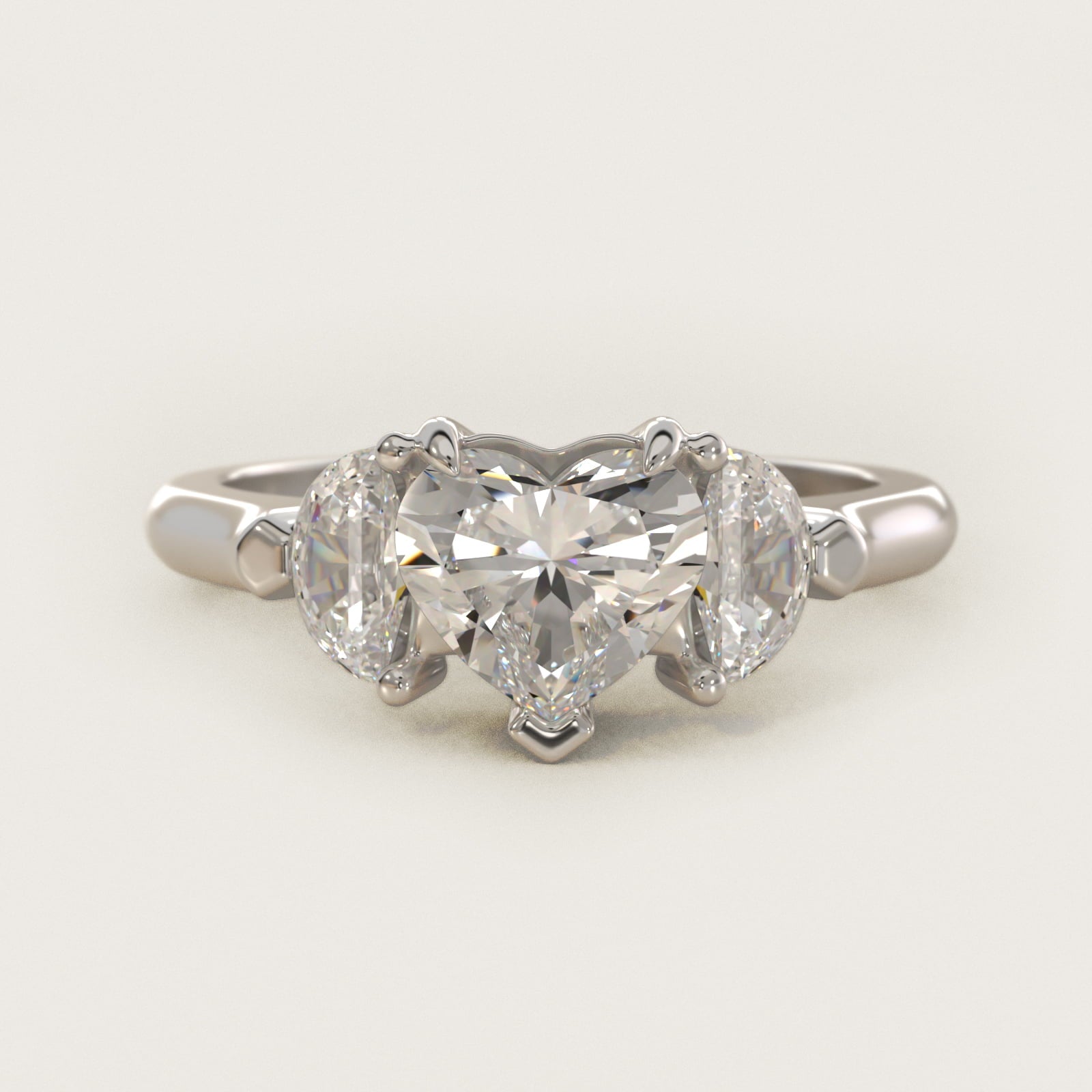 Three-Stone Half-Moon Sidestone Diamond Engagement Ring in 14k White Gold (1/2 ct. tw.) - Heart Center