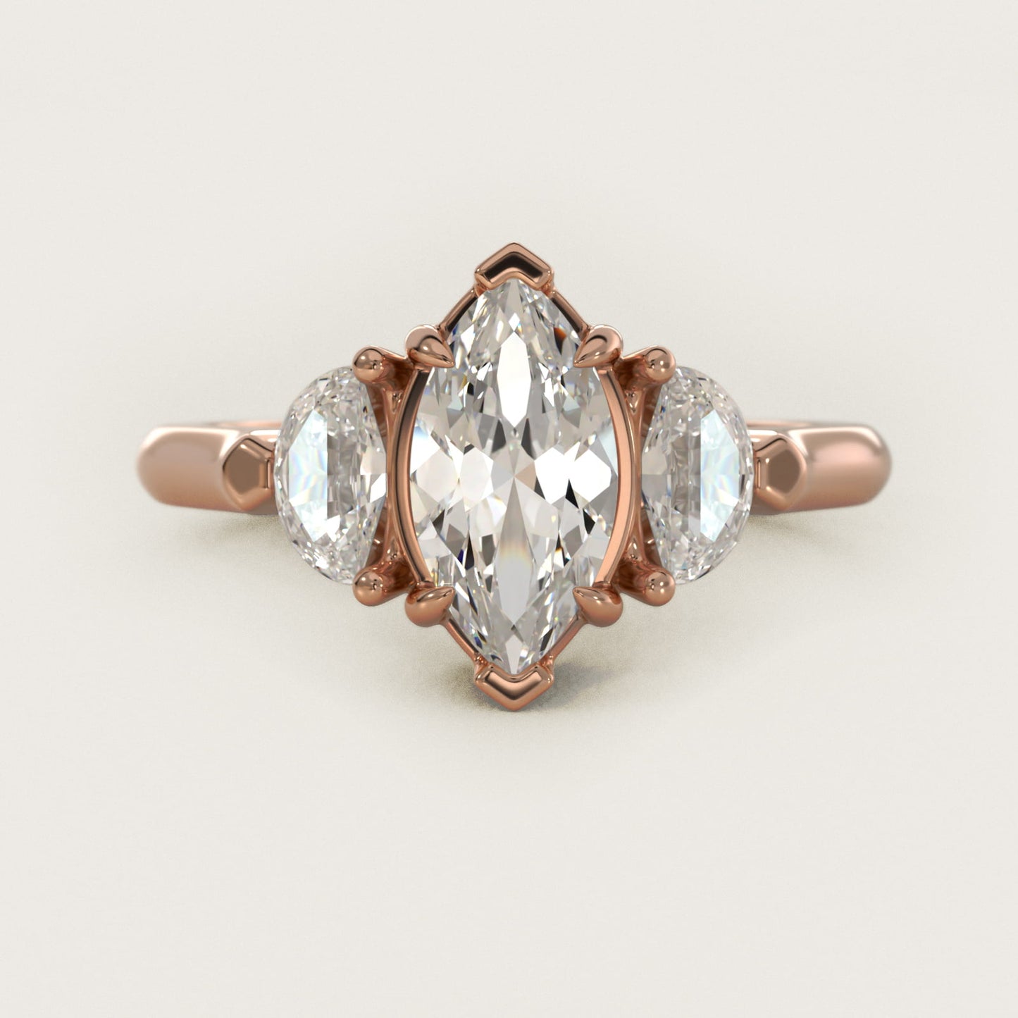 Three-Stone Half-Moon Sidestone Diamond Engagement Ring in 14k Rose Gold (1/2 ct. tw.) - Marquise Center