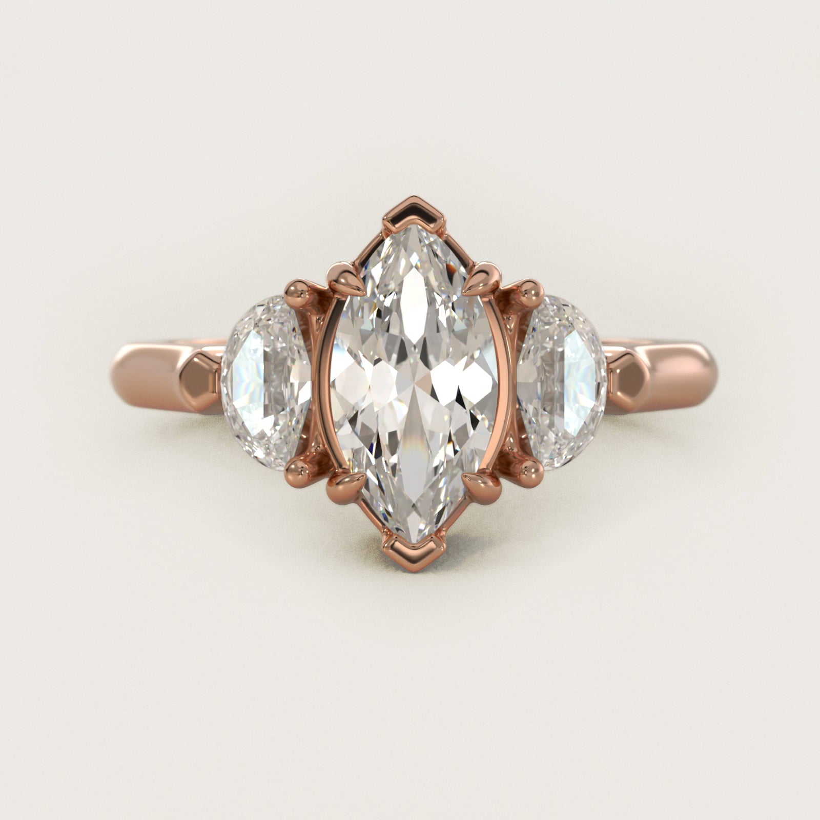 Three-Stone Half-Moon Sidestone Diamond Engagement Ring in 14k Rose Gold (1/2 ct. tw.) - Marquise Center