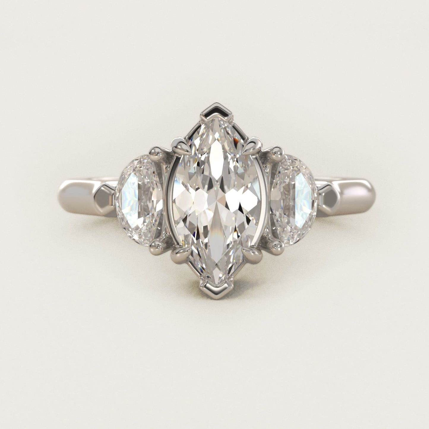 Three-Stone Half-Moon Sidestone Diamond Engagement Ring in 14k White Gold (1/2 ct. tw.) - Marquise Center