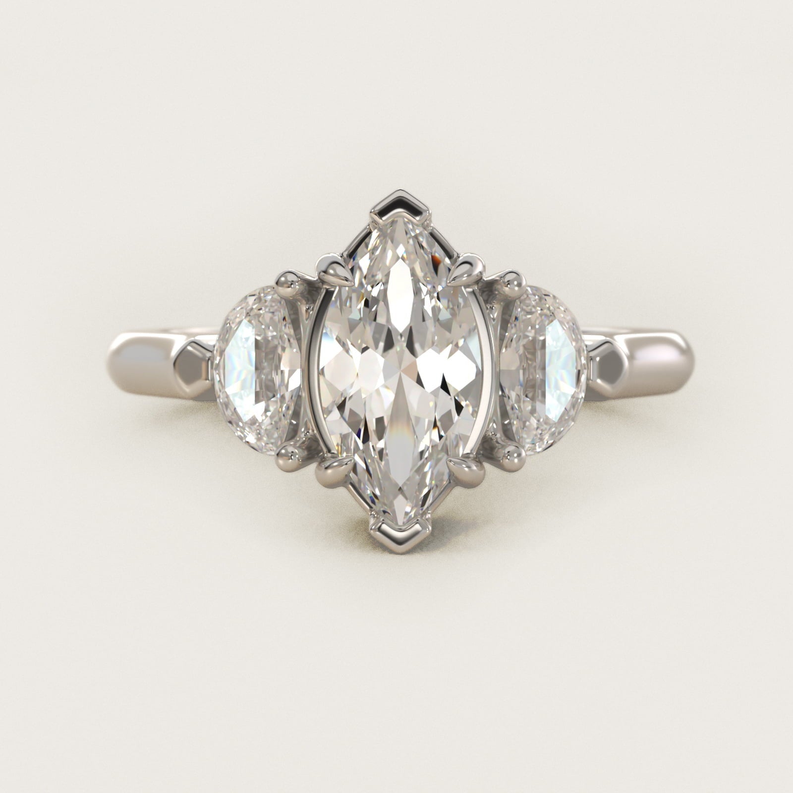 Three-Stone Half-Moon Sidestone Diamond Engagement Ring in 18k White Gold (1/2 ct. tw.) - Marquise Center