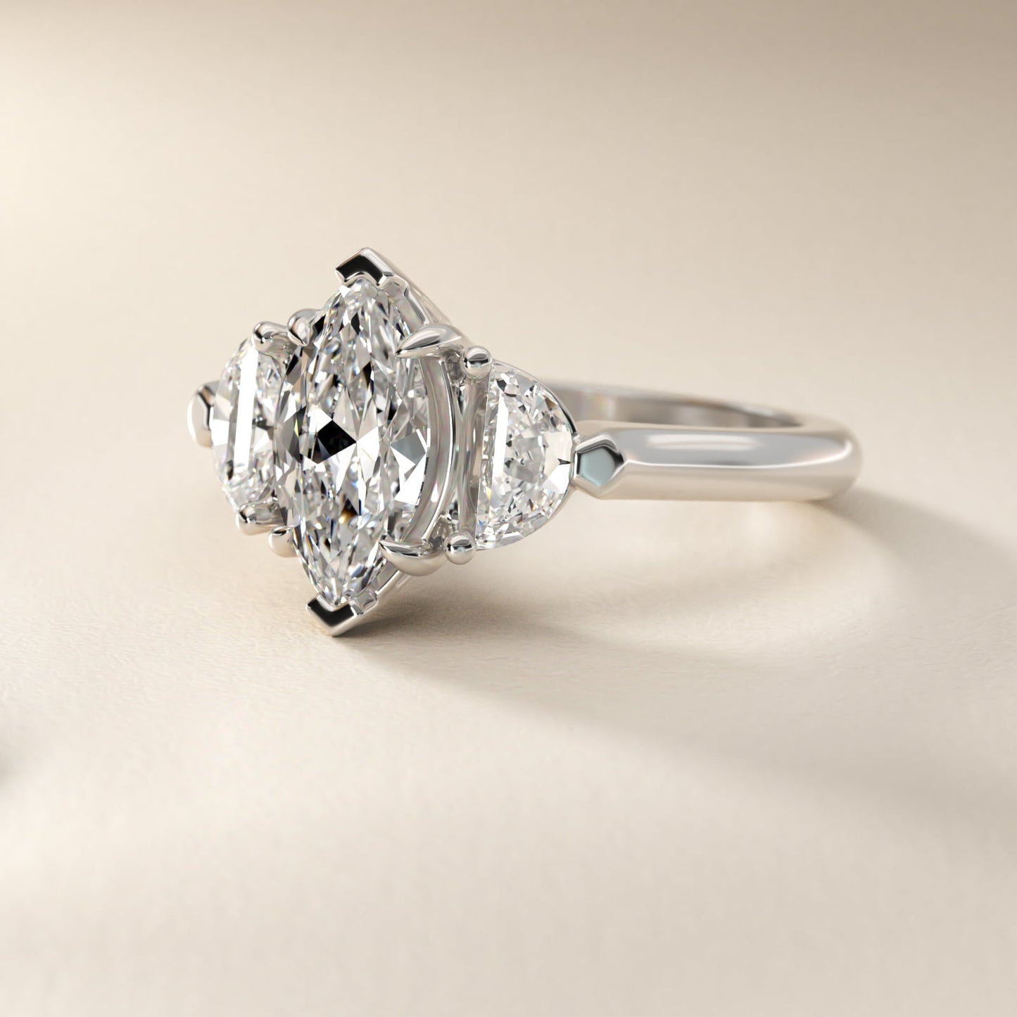 Three-Stone Half-Moon Sidestone Diamond Engagement Ring in 14k White Gold (1/2 ct. tw.) - Marquise Center