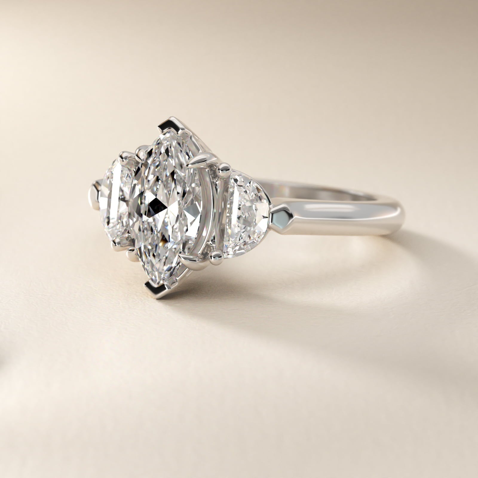 Three-Stone Half-Moon Sidestone Diamond Engagement Ring in 18k White Gold (1/2 ct. tw.) - Marquise Center