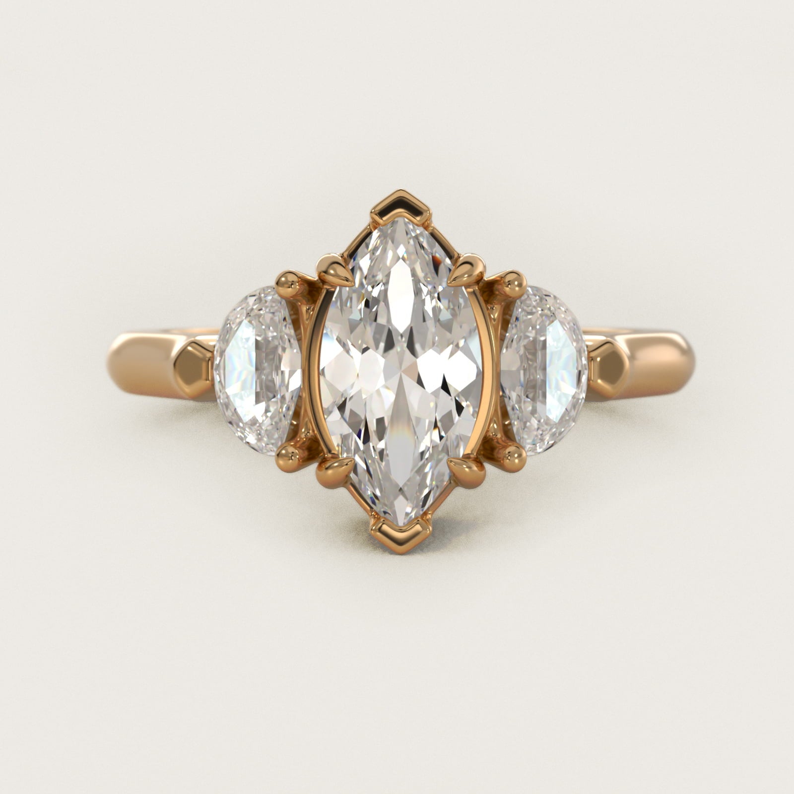 Three-Stone Half-Moon Sidestone Diamond Engagement Ring in 14K Yellow Gold (1/2 ct. tw.) - Marquise Center