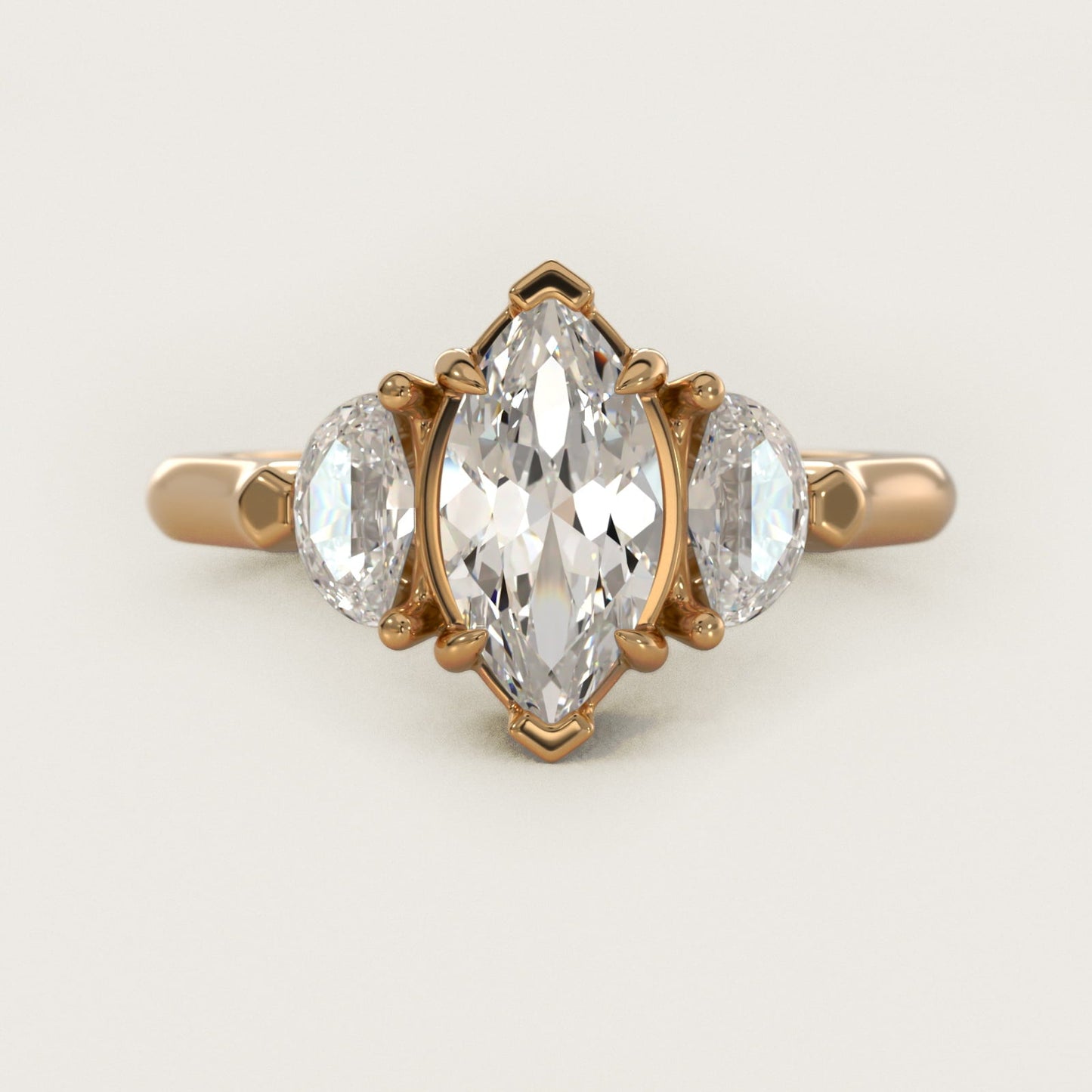 Three-Stone Half-Moon Sidestone Diamond Engagement Ring in 18k Yellow Gold (1/2 ct. tw.) - Marquise Center