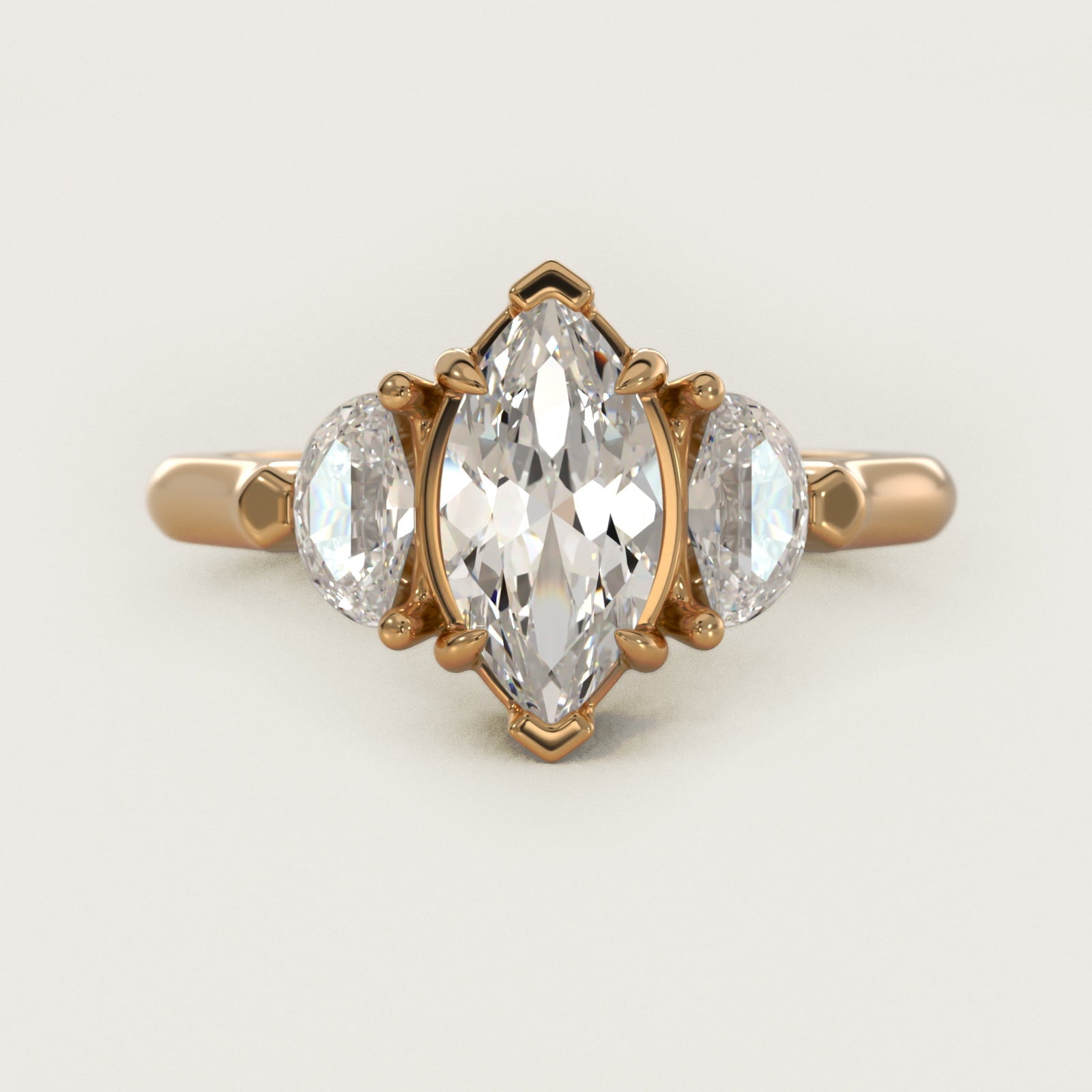 Three-Stone Half-Moon Sidestone Diamond Engagement Ring in 18k Yellow Gold (1/2 ct. tw.) - Marquise Center