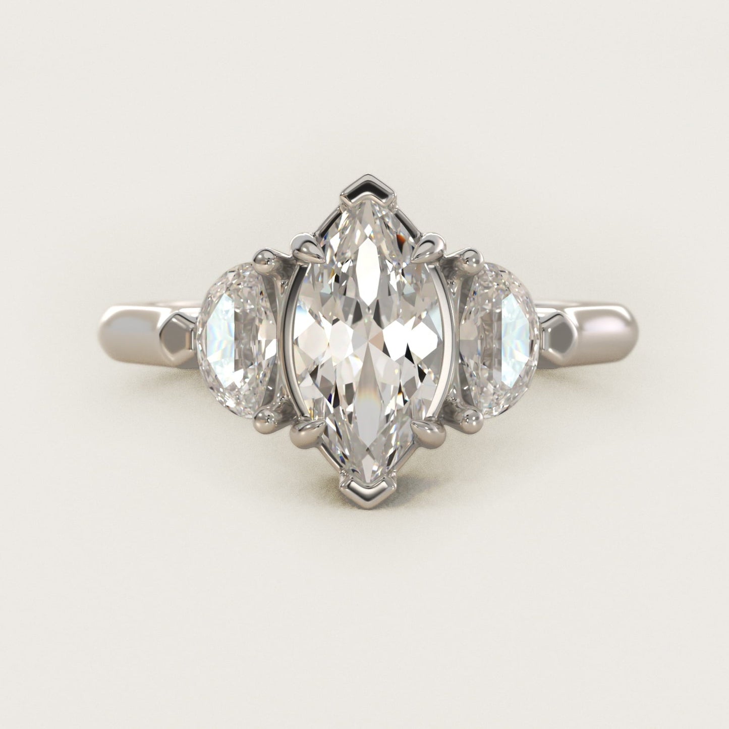 Three-Stone Half-Moon Sidestone Diamond Engagement Ring in Platinum (1/2 ct. tw.) - Marquise Center