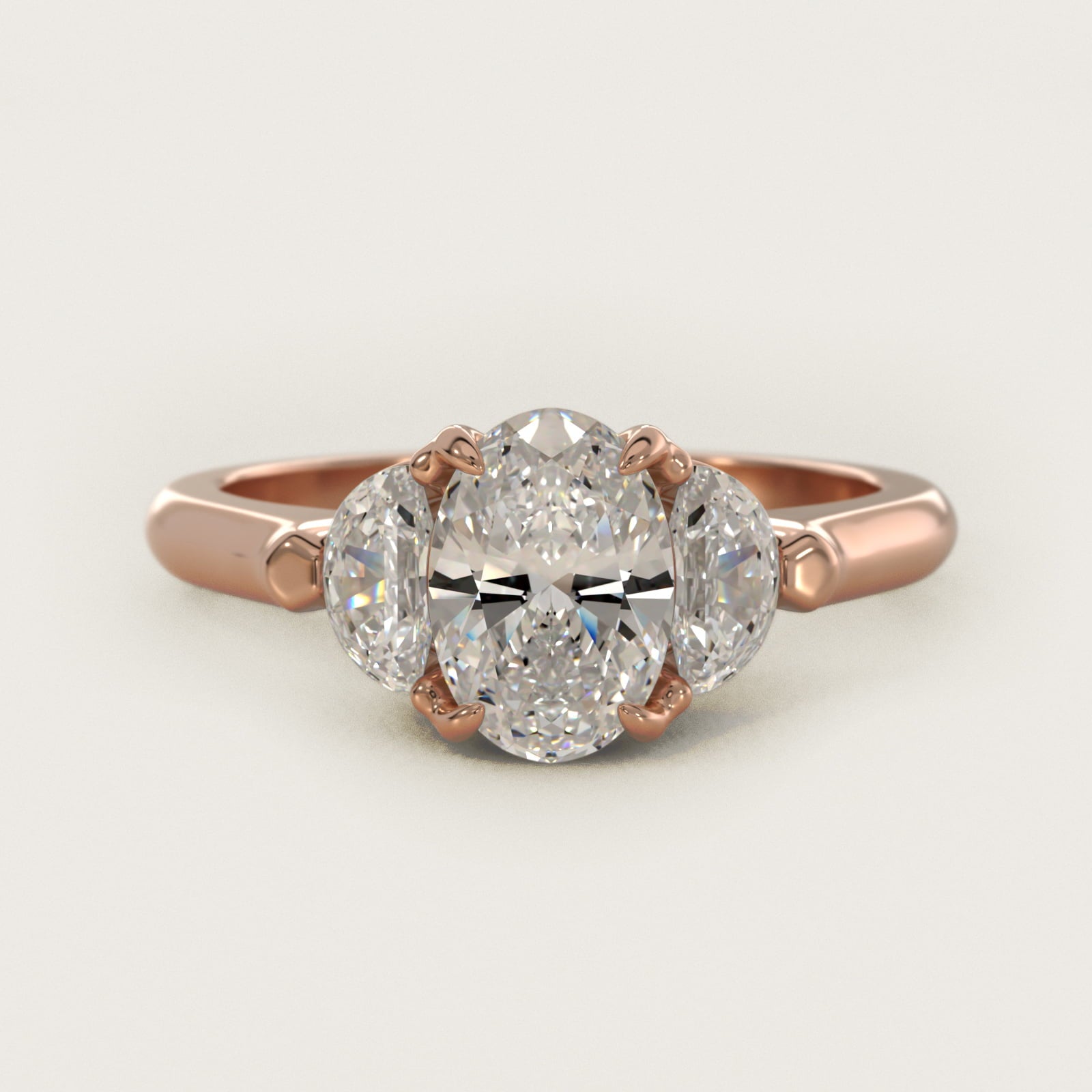 Three-Stone Half-Moon Sidestone Diamond Engagement Ring in 14k Rose Gold (1/2 ct. tw.) - Oval Center