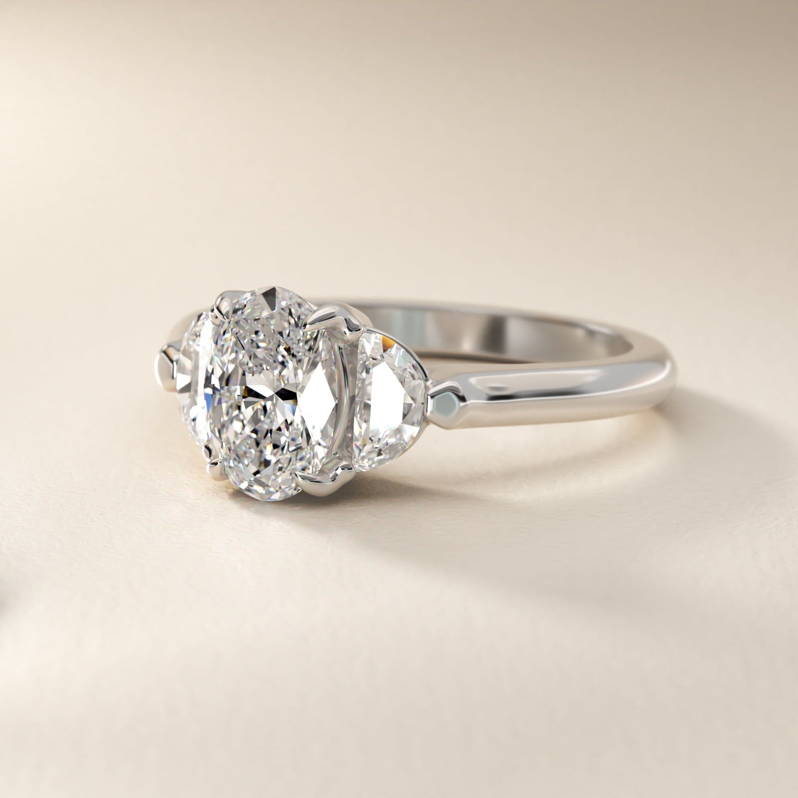 Three-Stone Half-Moon Sidestone Diamond Engagement Ring in 18k White Gold (1/2 ct. tw.) - Oval Center