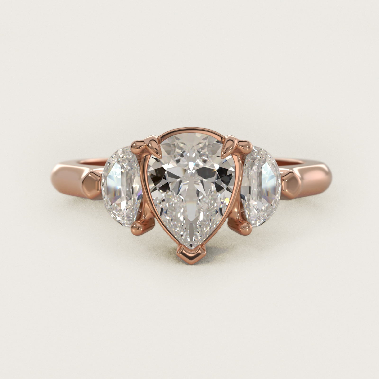 Three-Stone Half-Moon Sidestone Diamond Engagement Ring in 14k Rose Gold (1/2 ct. tw.) - Pear Center