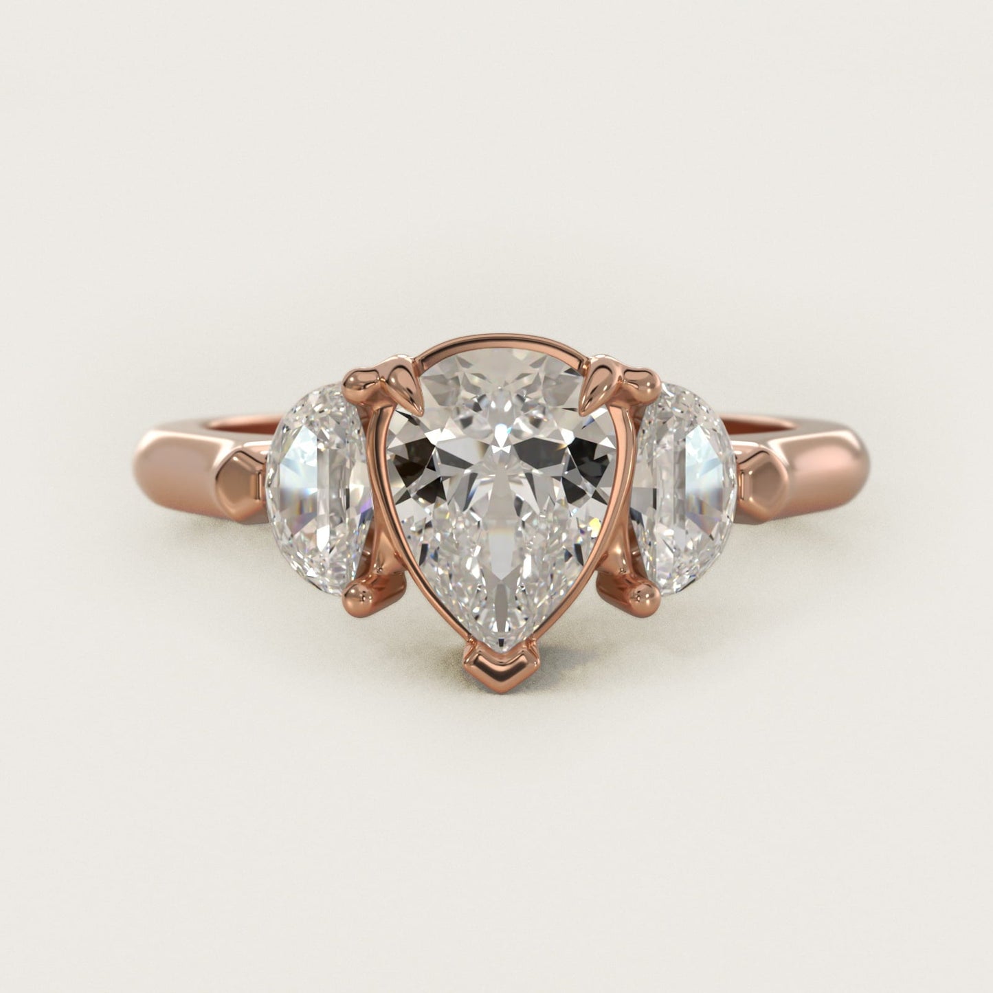 Three-Stone Half-Moon Sidestone Diamond Engagement Ring in 18k Rose Gold (1/2 ct. tw.) - Pear Center
