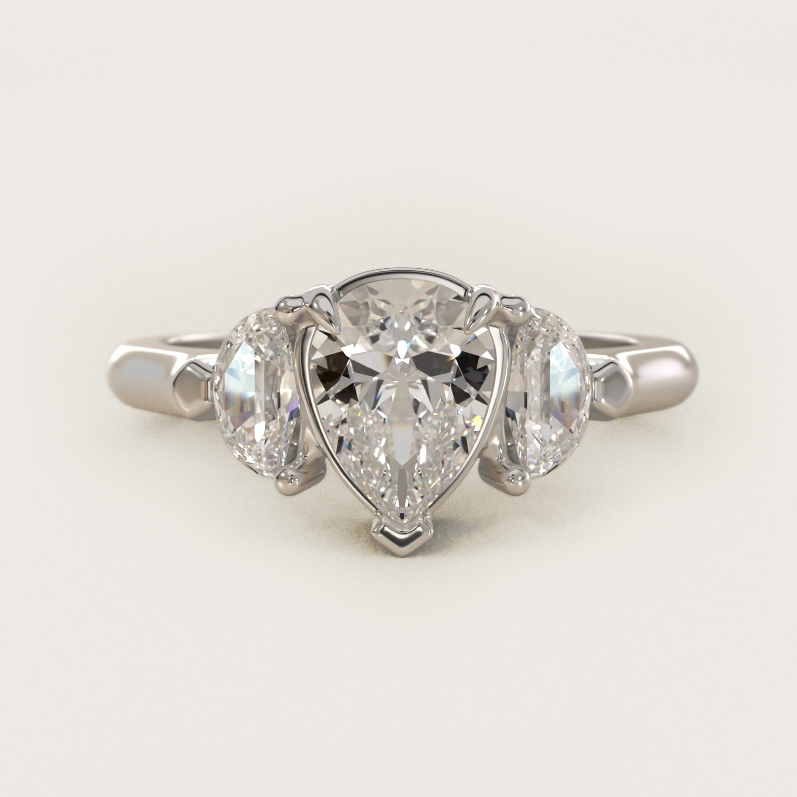 Three-Stone Half-Moon Sidestone Diamond Engagement Ring in 14k White Gold (1/2 ct. tw.) - Pear Center