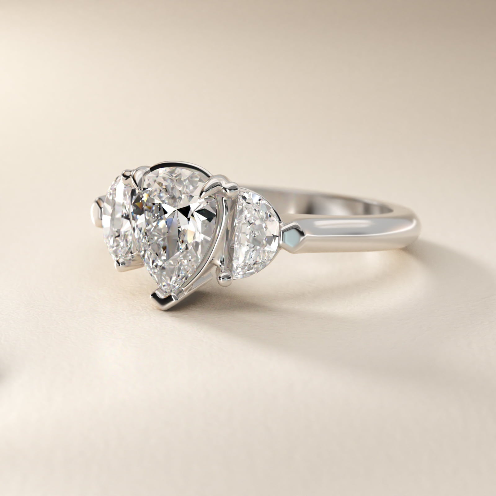 Three-Stone Half-Moon Sidestone Diamond Engagement Ring in 14k White Gold (1/2 ct. tw.) - Pear Center