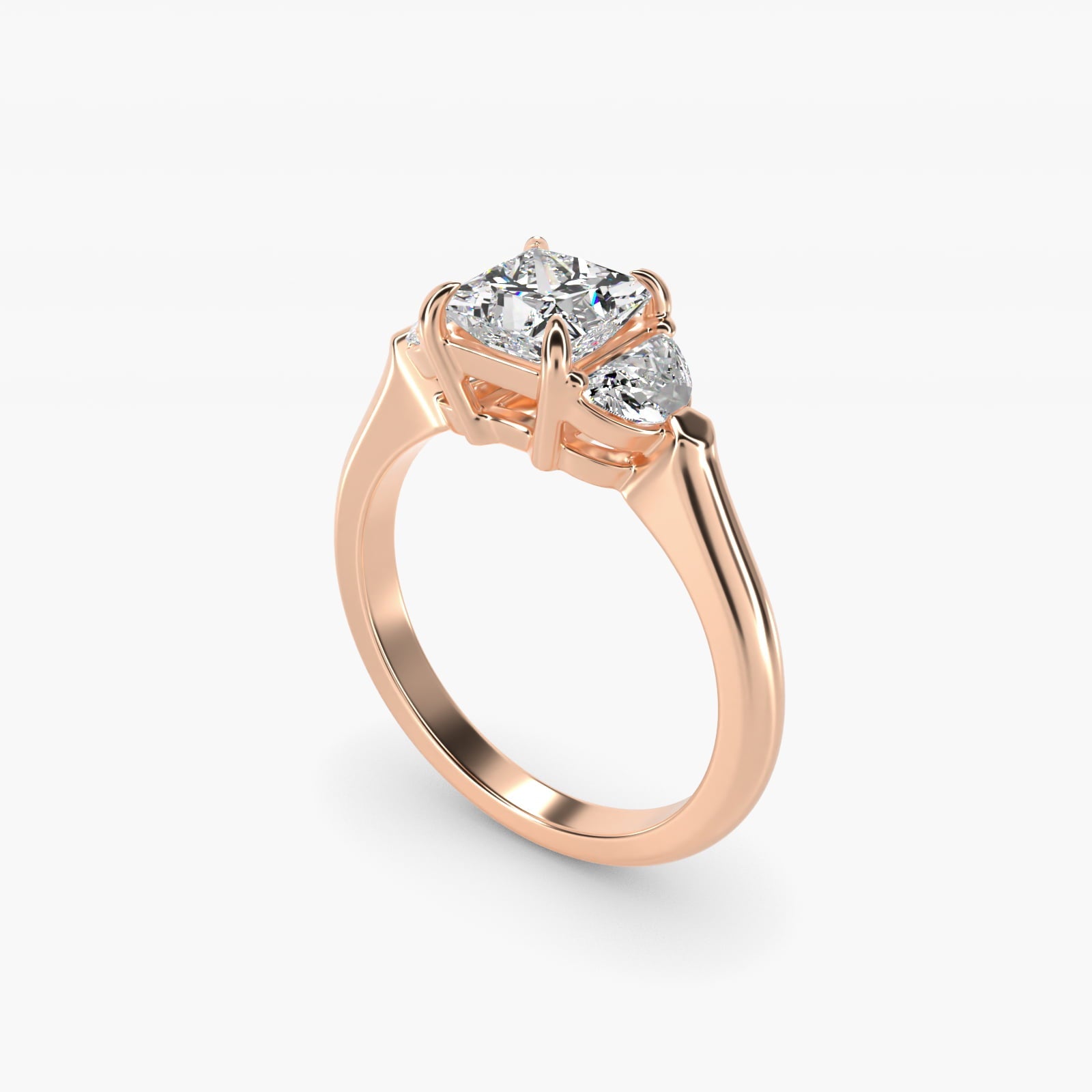 Three-Stone Half-Moon Sidestone Diamond Engagement Ring in 18k Rose Gold (1/2 ct. tw.) - Princess Center