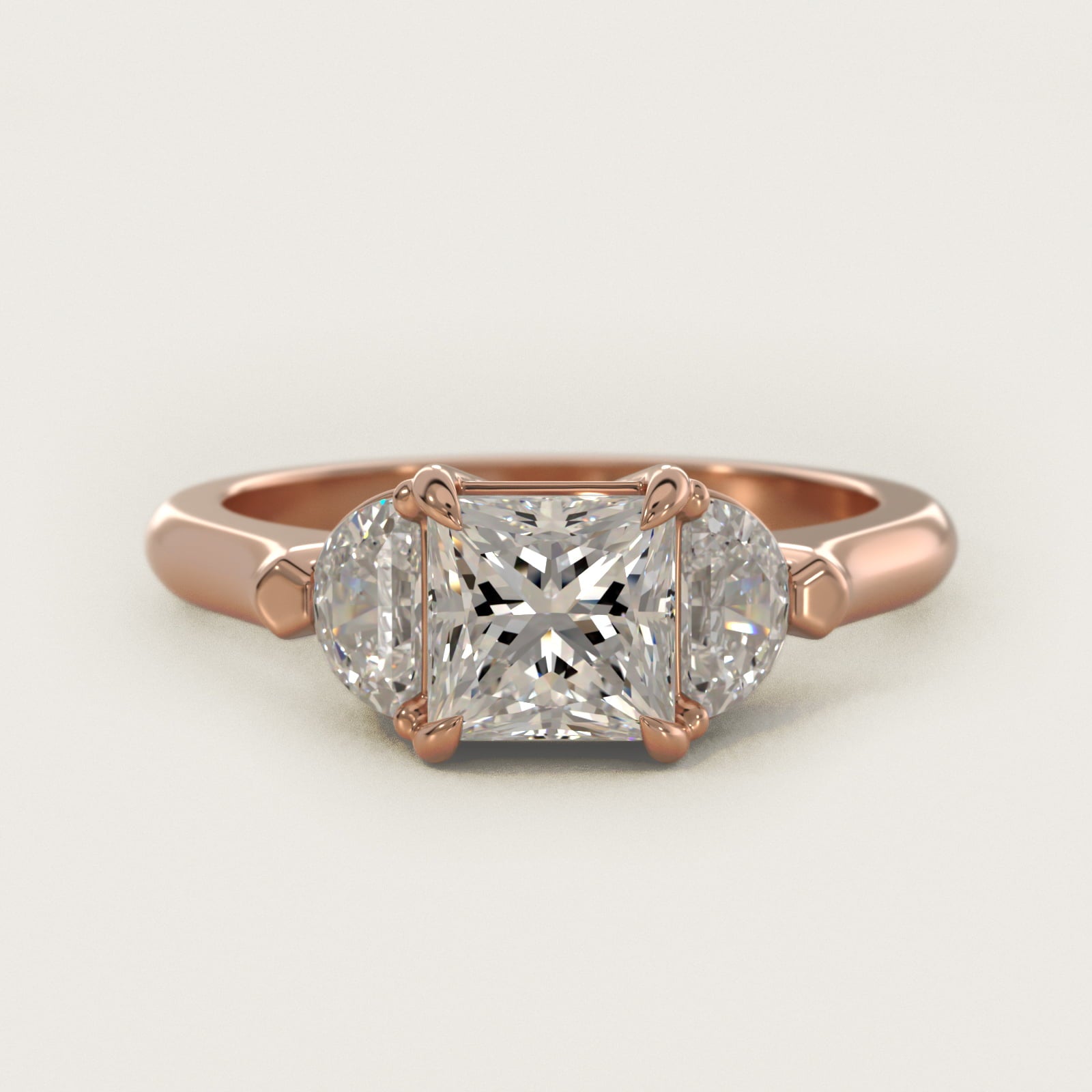 Three-Stone Half-Moon Sidestone Diamond Engagement Ring in 14k Rose Gold (1/2 ct. tw.) - Princess Center