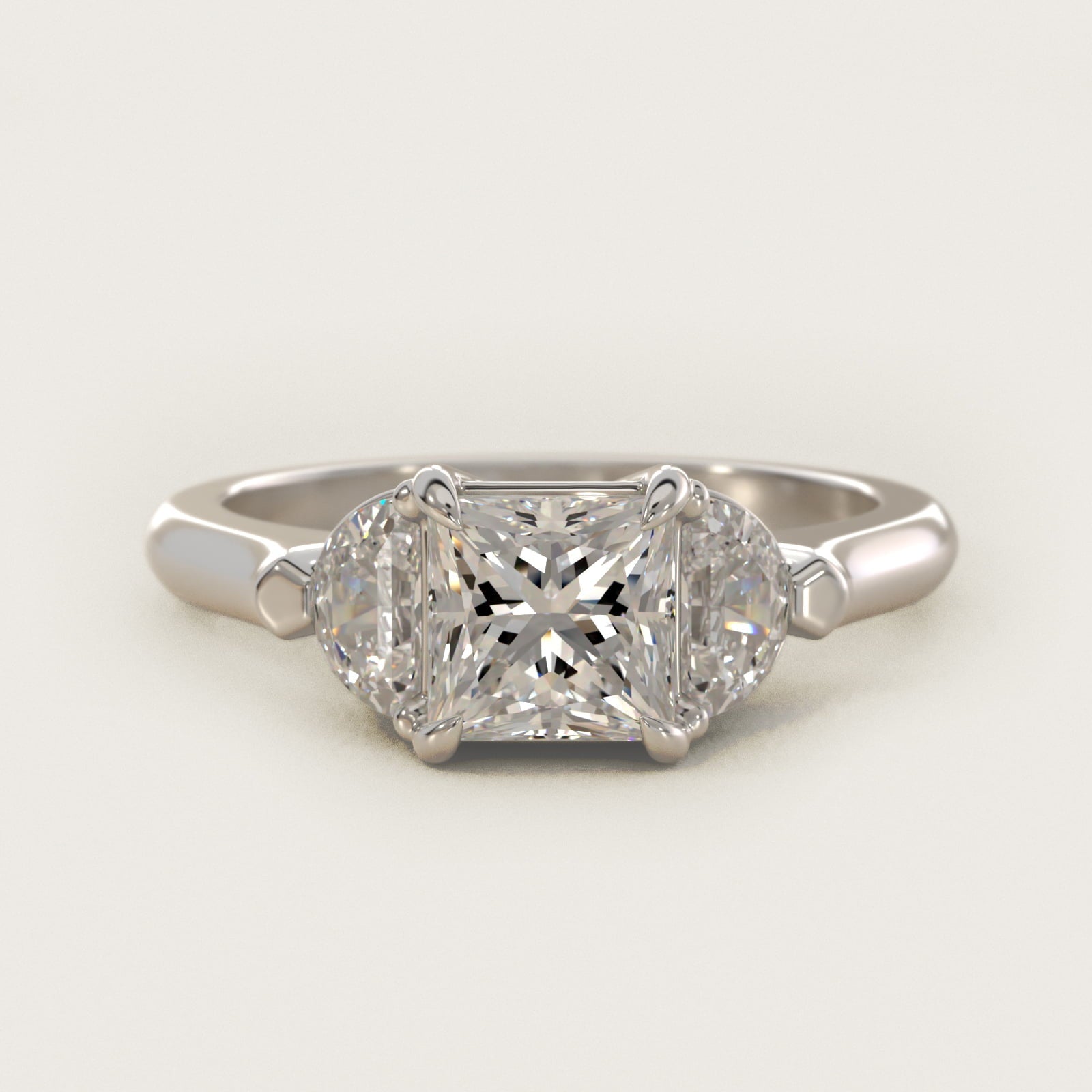 Three-Stone Half-Moon Sidestone Diamond Engagement Ring in 18k White Gold (1/2 ct. tw.) - Princess Center