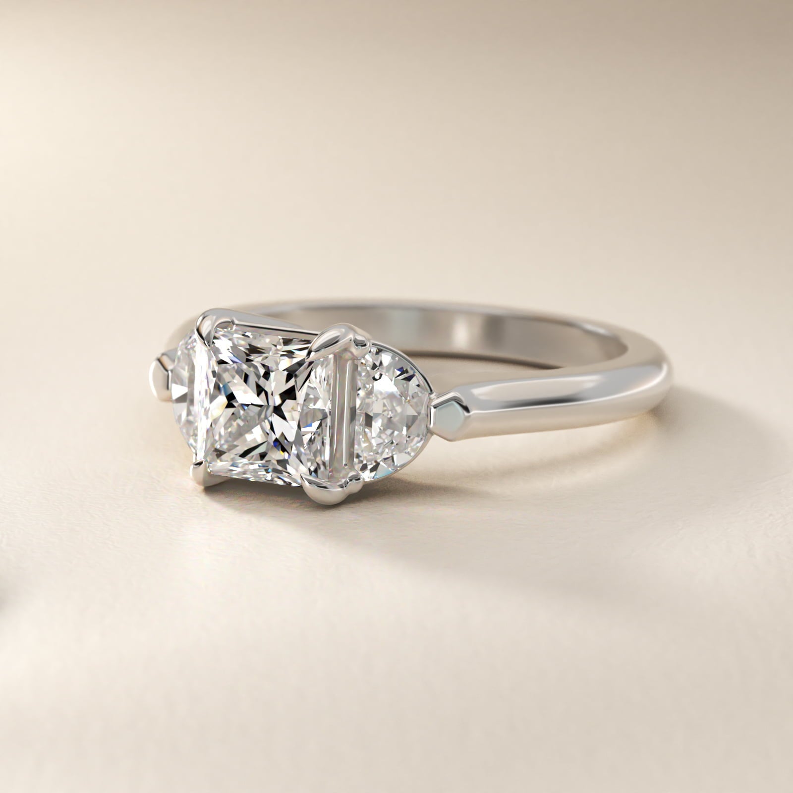Three-Stone Half-Moon Sidestone Diamond Engagement Ring in 14k White Gold (1/2 ct. tw.) - Princess Center