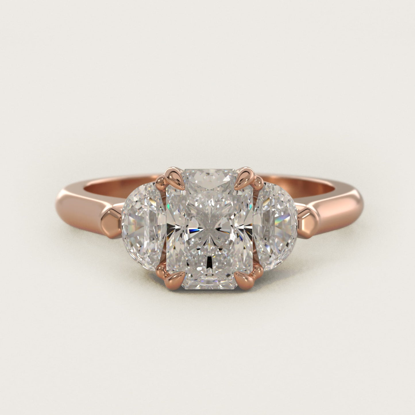 Three-Stone Half-Moon Sidestone Diamond Engagement Ring in 14k Rose Gold (1/2 ct. tw.) - Radiant Center