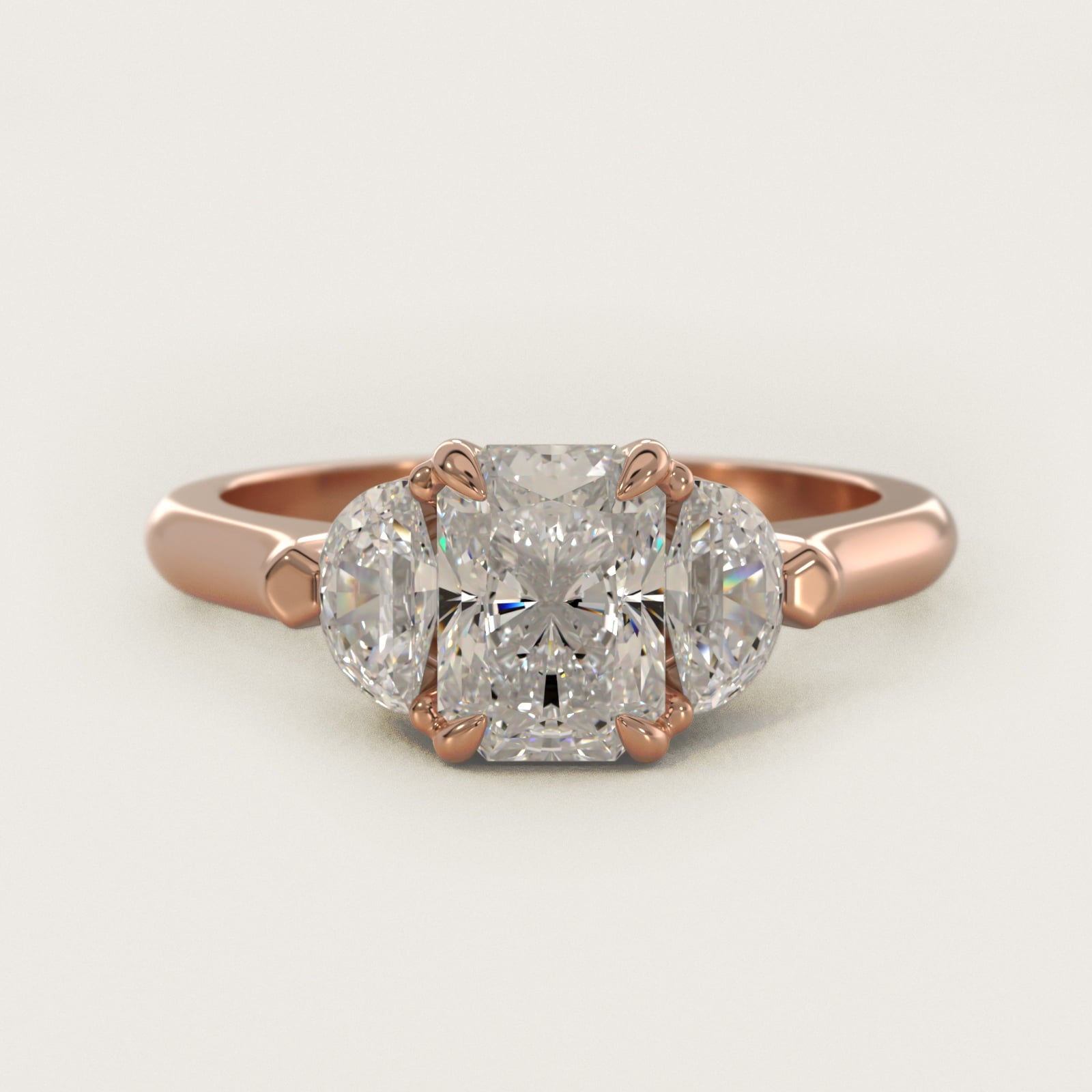 Three-Stone Half-Moon Sidestone Diamond Engagement Ring in 14k Rose Gold (1/2 ct. tw.) - Radiant Center