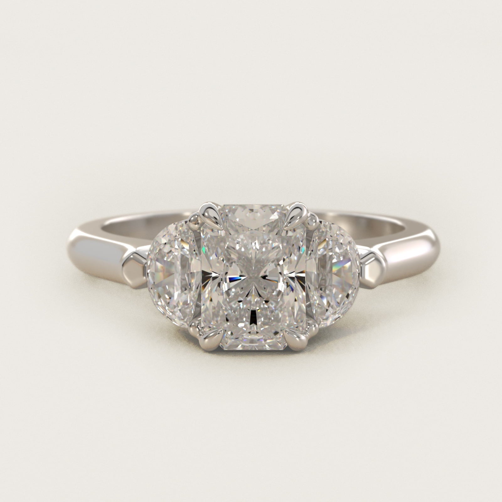 Three-Stone Half-Moon Sidestone Diamond Engagement Ring in 18k White Gold (1/2 ct. tw.) - Radiant Center