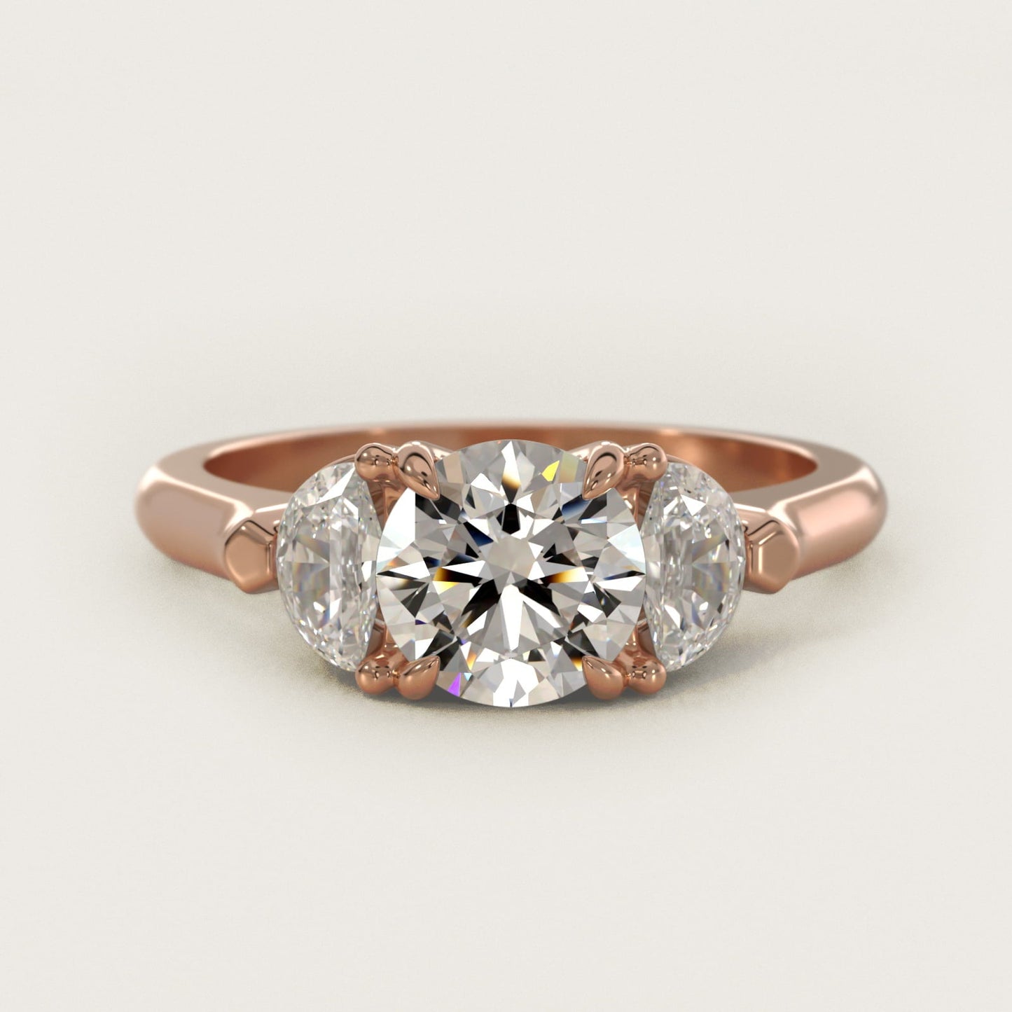 Three-Stone Half-Moon Sidestone Diamond Engagement Ring in 18k Rose Gold (1/2 ct. tw.) - Round Center