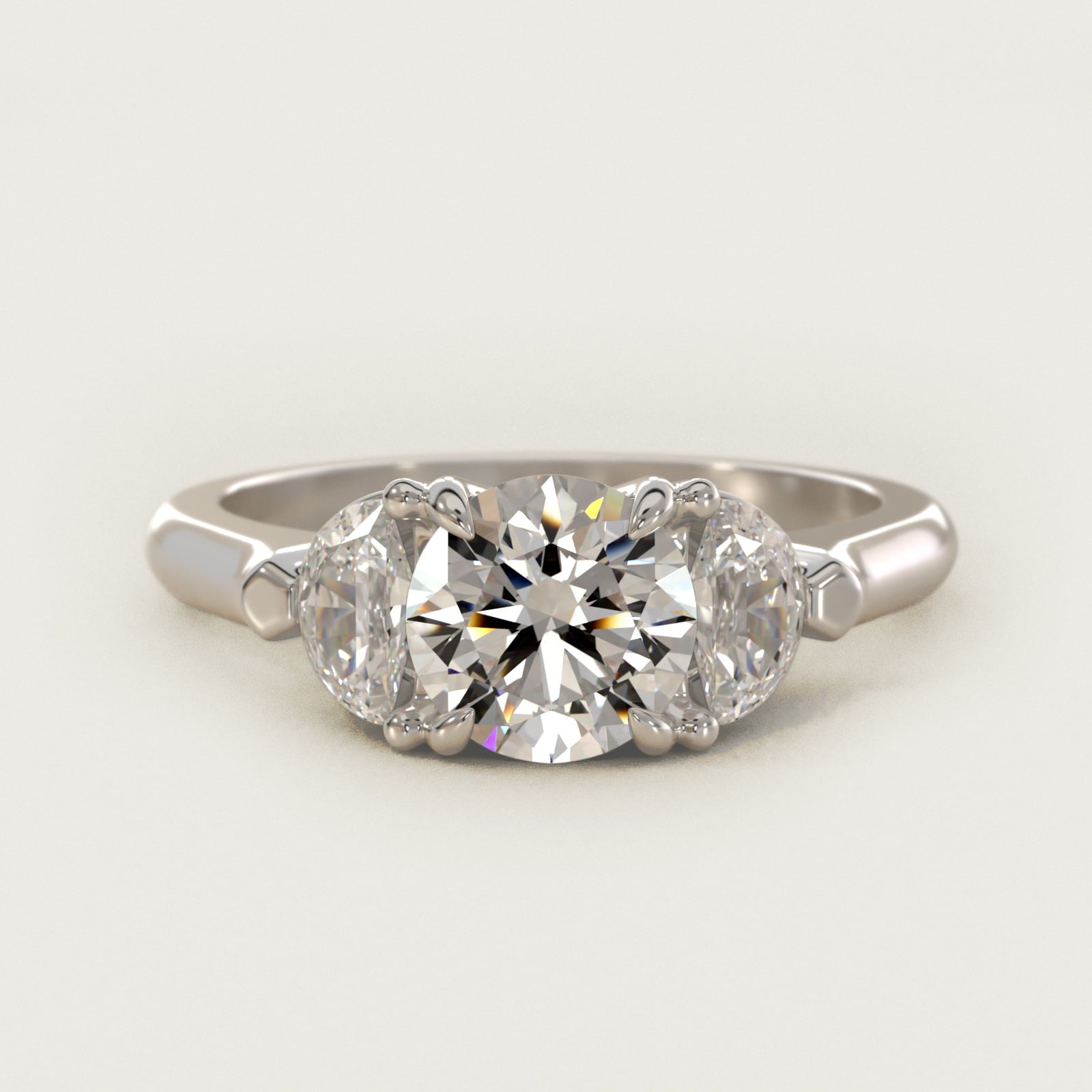 Three-Stone Half-Moon Sidestone Diamond Engagement Ring in 14k White Gold (1/2 ct. tw.) - Round Center