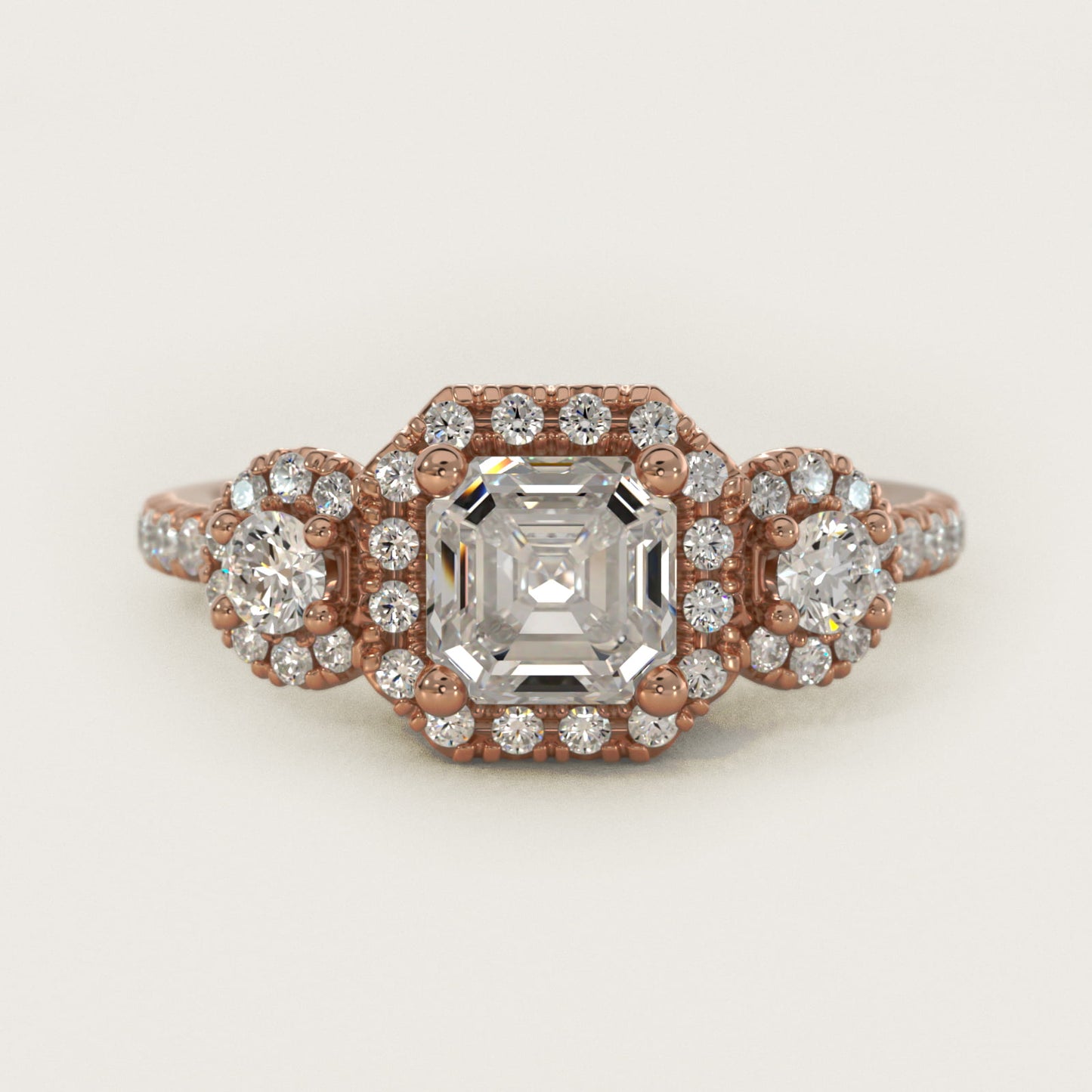 Three-Stone Halo Diamond Engagement Ring in 18k Rose Gold - Asscher Center