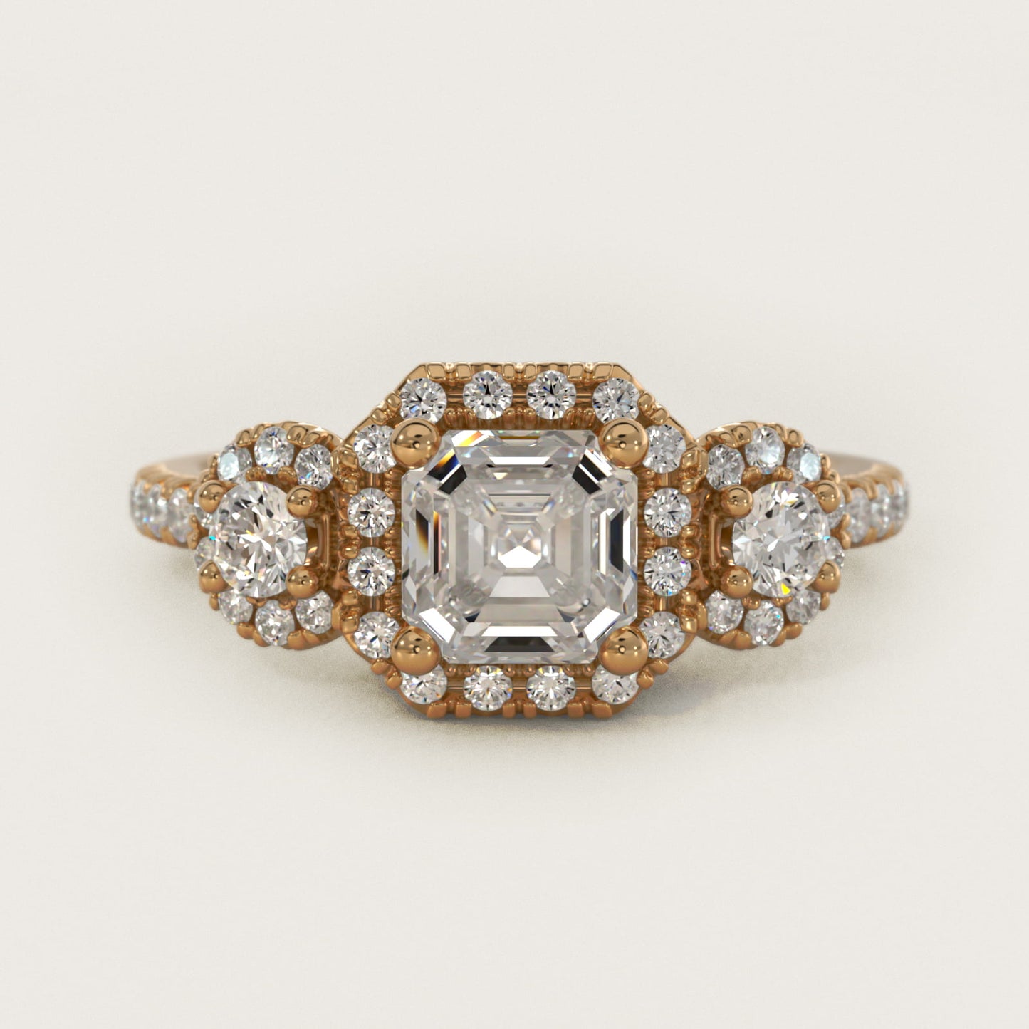 Three-Stone Halo Diamond Engagement Ring in 18k Yellow Gold - Asscher Center