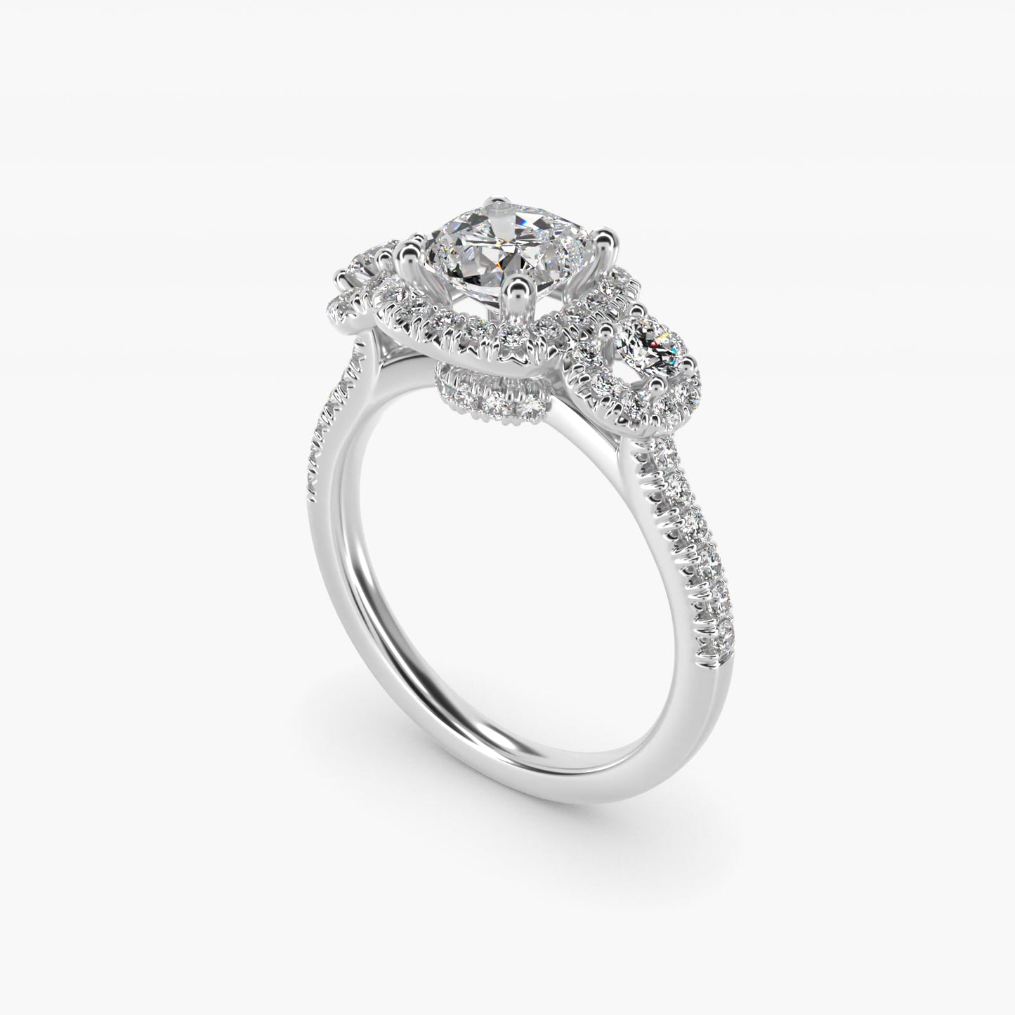 Three-Stone Halo Diamond Engagement Ring in 18k White Gold - Cushion Center