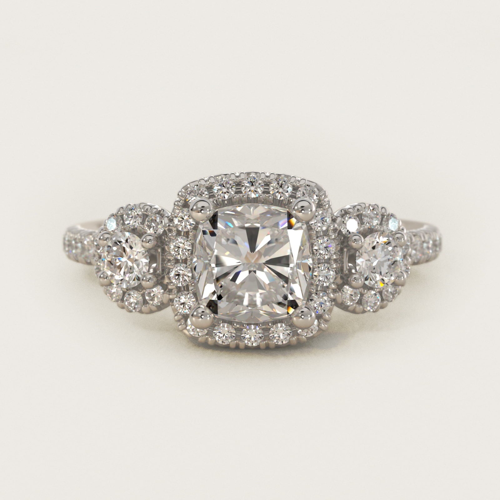 Three-Stone Halo Diamond Engagement Ring in 18k White Gold - Cushion Center