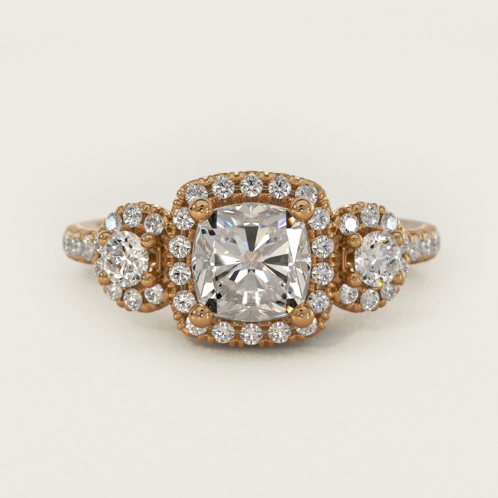 Three-Stone Halo Diamond Engagement Ring in 18k Yellow Gold - Cushion Center