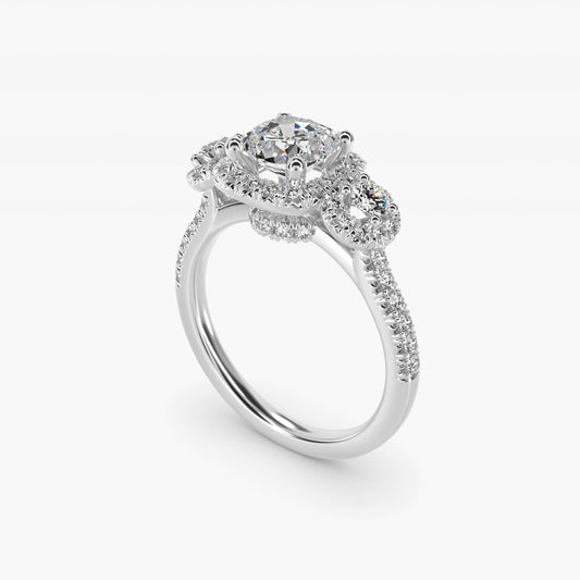 Three-Stone Halo Diamond Engagement Ring in Platinum - Cushion Center